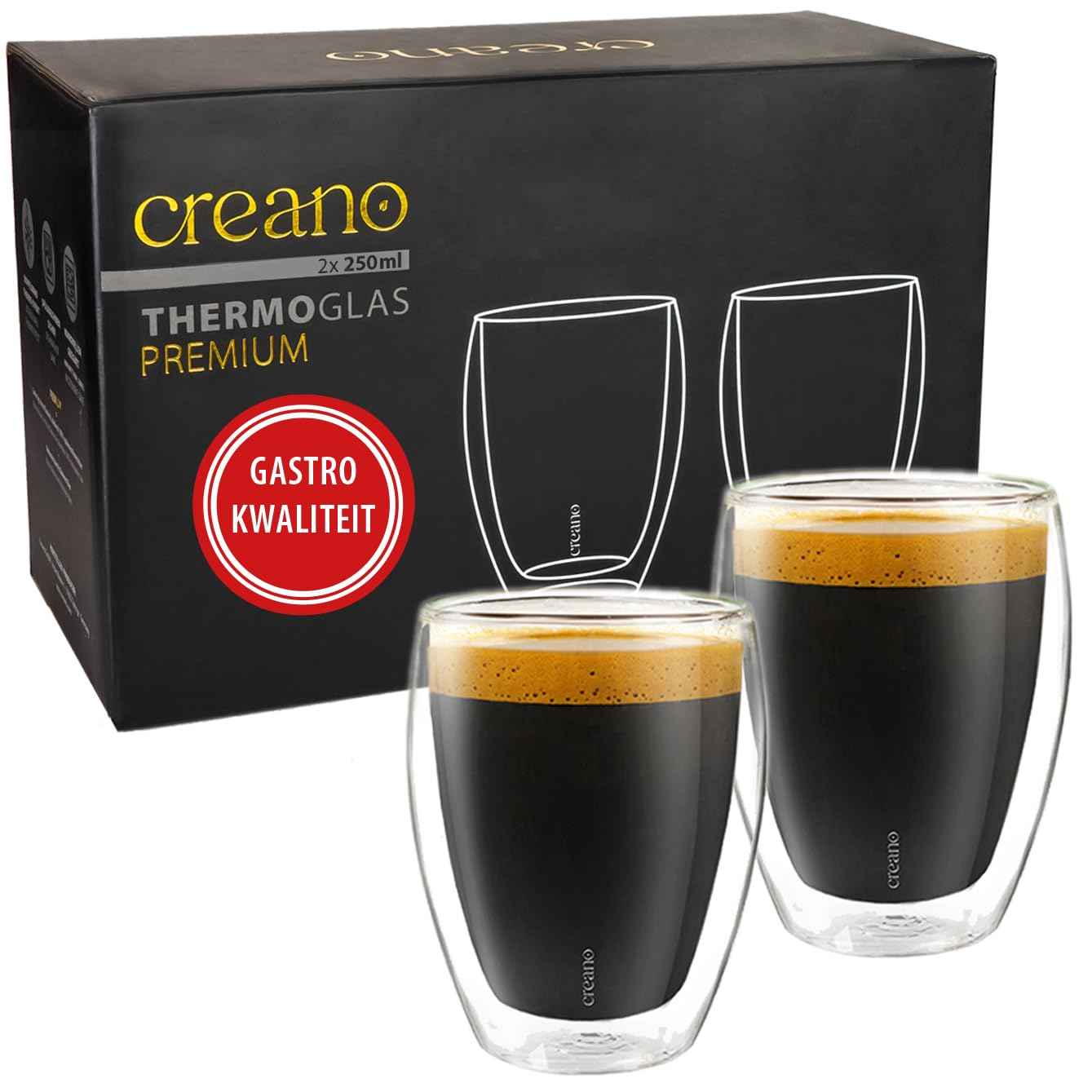 Creano Premium Double-Walled Drinking Glasses, 250 ml, Set of 6, Without Poem Hole, Therefore Gourmet Quality, 100% Dishwasher Safe, World First