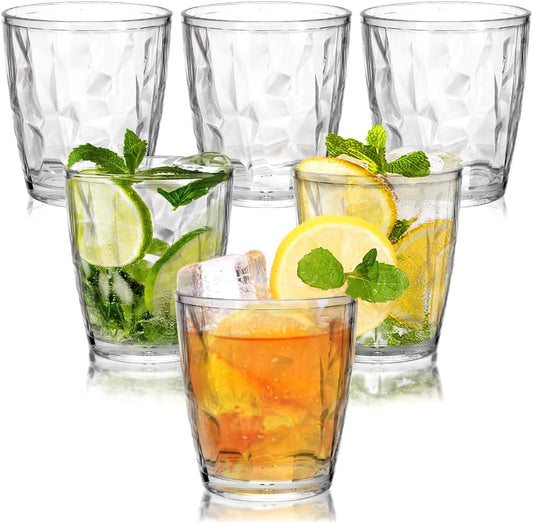DIBALIYI Pack of 6 Clear Plastic Water Glasses, 310ml, Reusable Premium Acrylic Drinking Glasses, Shatterproof Crystal Glasses for Children and Adults, Stackable Juice Glasses for Home and Camping