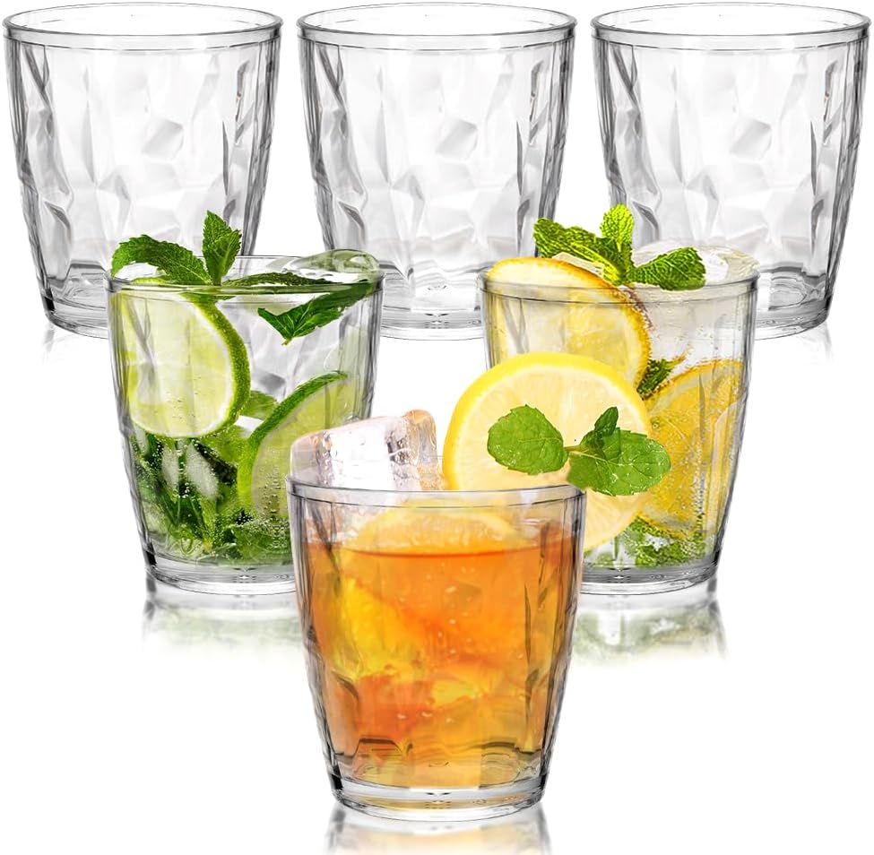 DIBALIYI Pack of 6 Clear Plastic Water Glasses, 310ml, Reusable Premium Acrylic Drinking Glasses, Shatterproof Crystal Glasses for Children and Adults, Stackable Juice Glasses for Home and Camping
