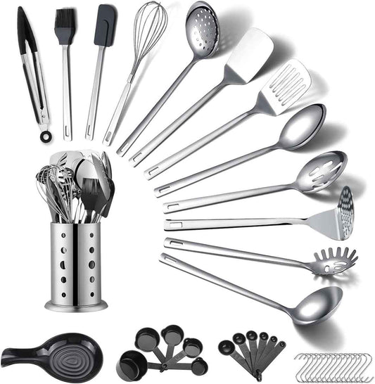Stainless Steel Kitchenware Set 40 Pieces with Holder - Essential for Every Kitchen - The Silver Spoon
