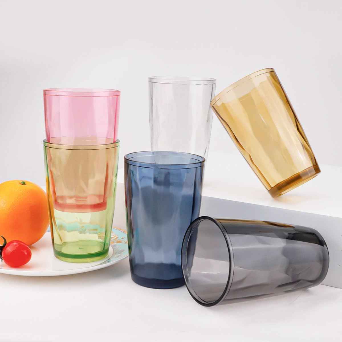 TIE-DailyNec Pack of 6 Water Glasses, 470 ml, Colourful Plastic Drinking Glasses, Crystal Glass Look, Juice Glasses, Shatterproof Drinking Glass, Stackable Camping Glasses for Picnics, Camping,