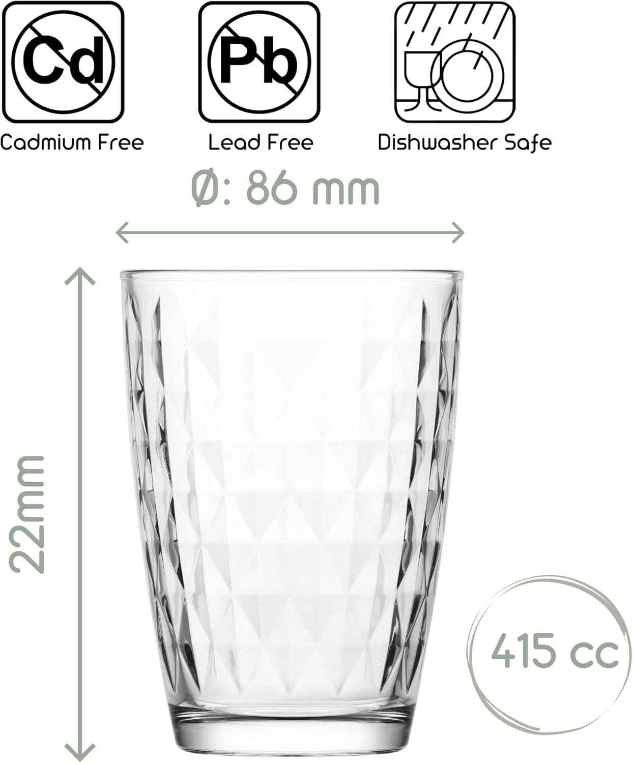 LAV Water Glasses, Set of 6, 415 ml, 100% Lead-free, Drinking Glass, Water Glass, Dishwasher Safe, Juice Glasses, Drinking Glasses