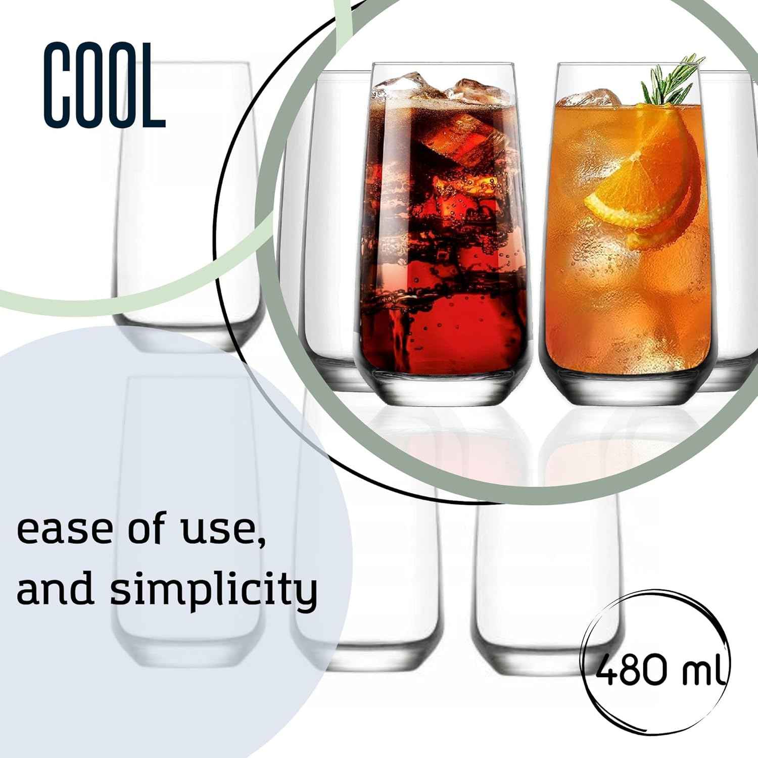NORDIC SCHILLER Long Drink Glasses, Cocktail Glasses, Set of 6, 480 ml, 100 Pieces, Mojito Free, Water Glasses, Dishwasher Safe, Drinking Glasses, Large Long Drink Glass, Highball Glasses, Coktail