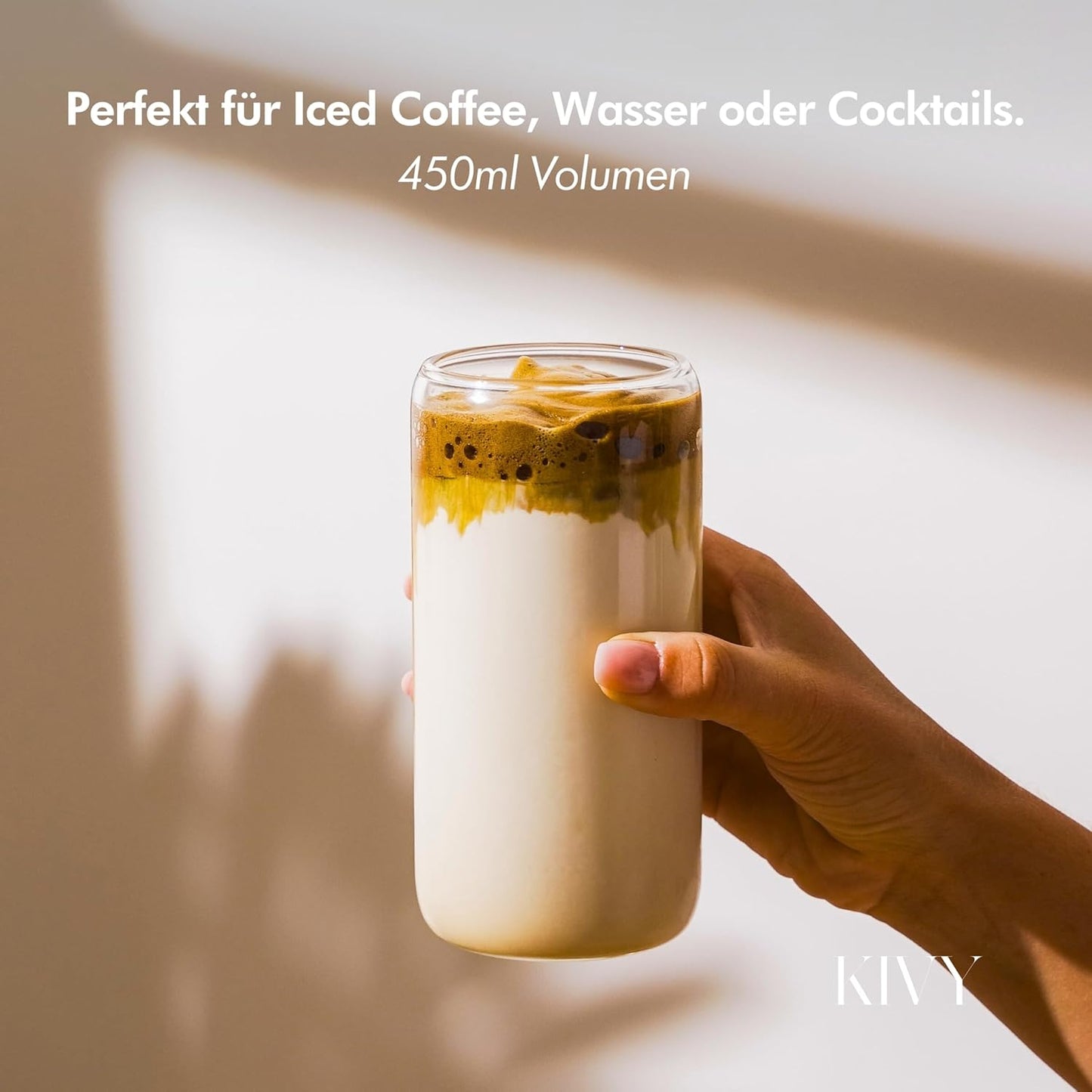 KIVY Drinking Glasses Set with Glass Straw, 4 x 450 ml, for Iced Coffee, Water and Cocktails, Long Drink Glasses, Iced Coffee Glasses, Coffee Glasses, Matcha and Coffee Glasses