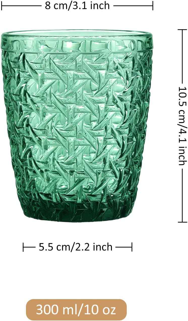 Joeyan 300 ml green glasses, set of 6, vintage drinking glasses, colourful with embossed design, coloured water glasses, dishwasher safe