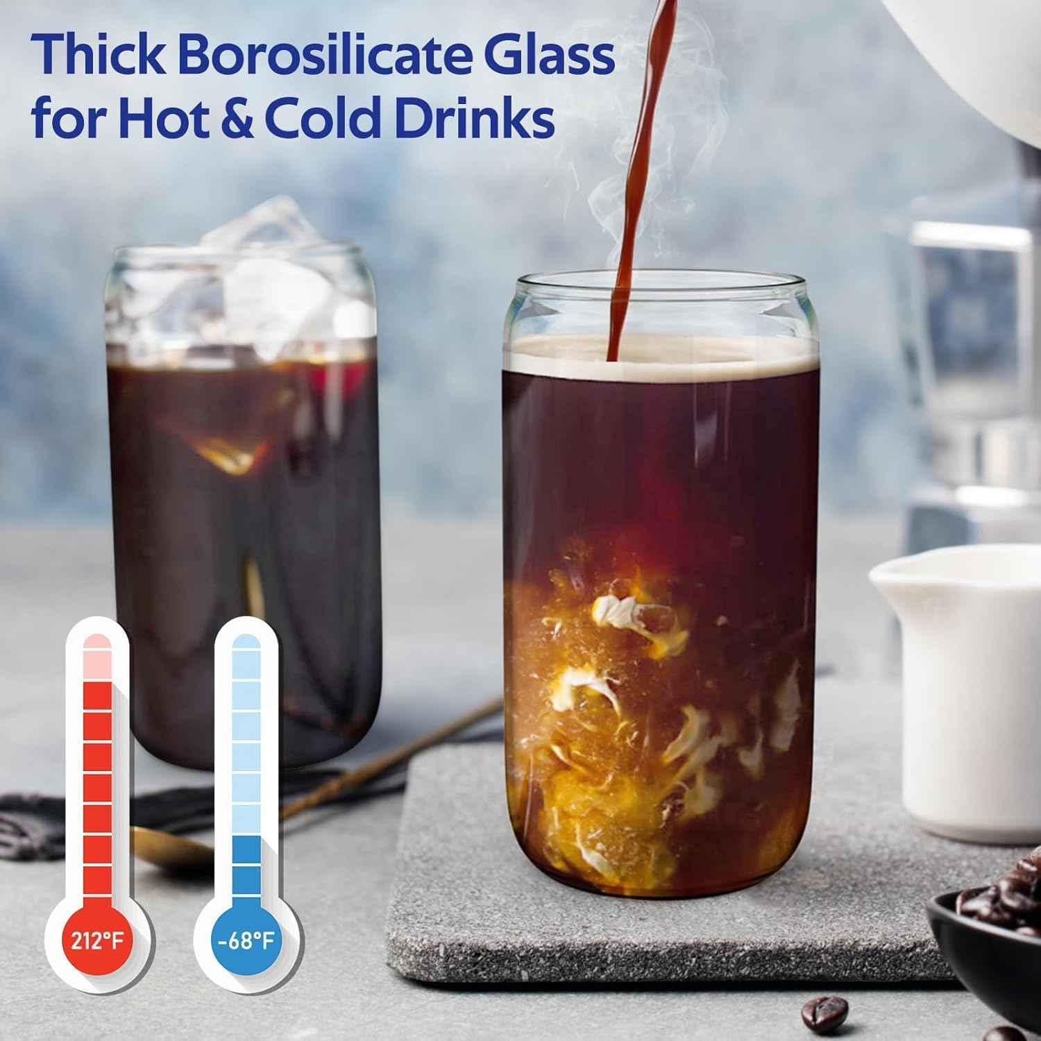 Drinking glass with straw and lid 4 pcs,glass cocktail glasses,iced coffee glasses,tin shape beer glasses,long drink glasses,cocktail glasses for gift,water,coffee,cocktail,soda,smoothie