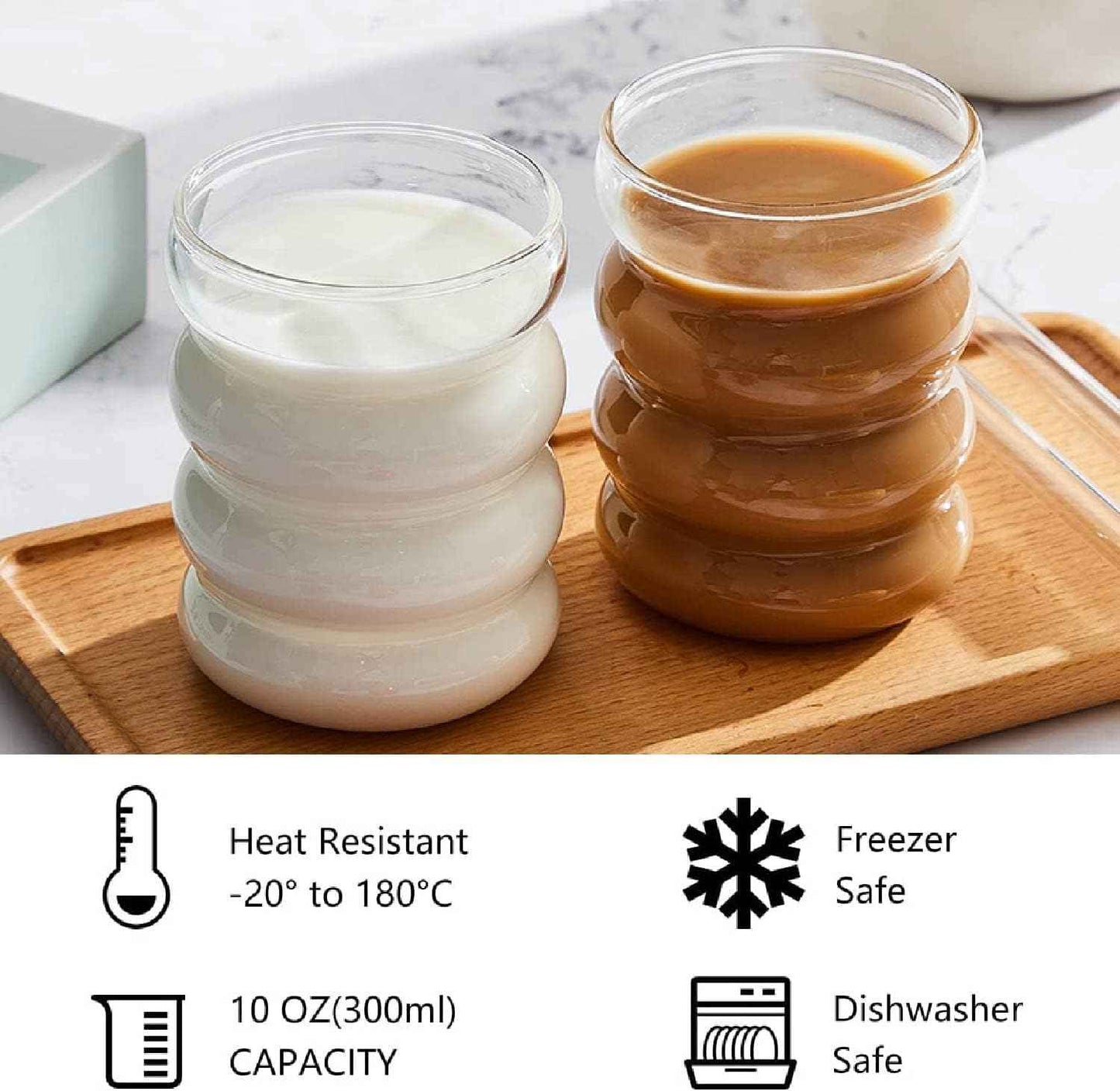 ALINK Ribbed Drinking Glasses with Glass Straws, Set of 4, 350 ml Iced Coffee Glasses, Wave Tumbler Beer Glasses for Cocktail, Milk, Water, Soft Drink, Gift with Brush