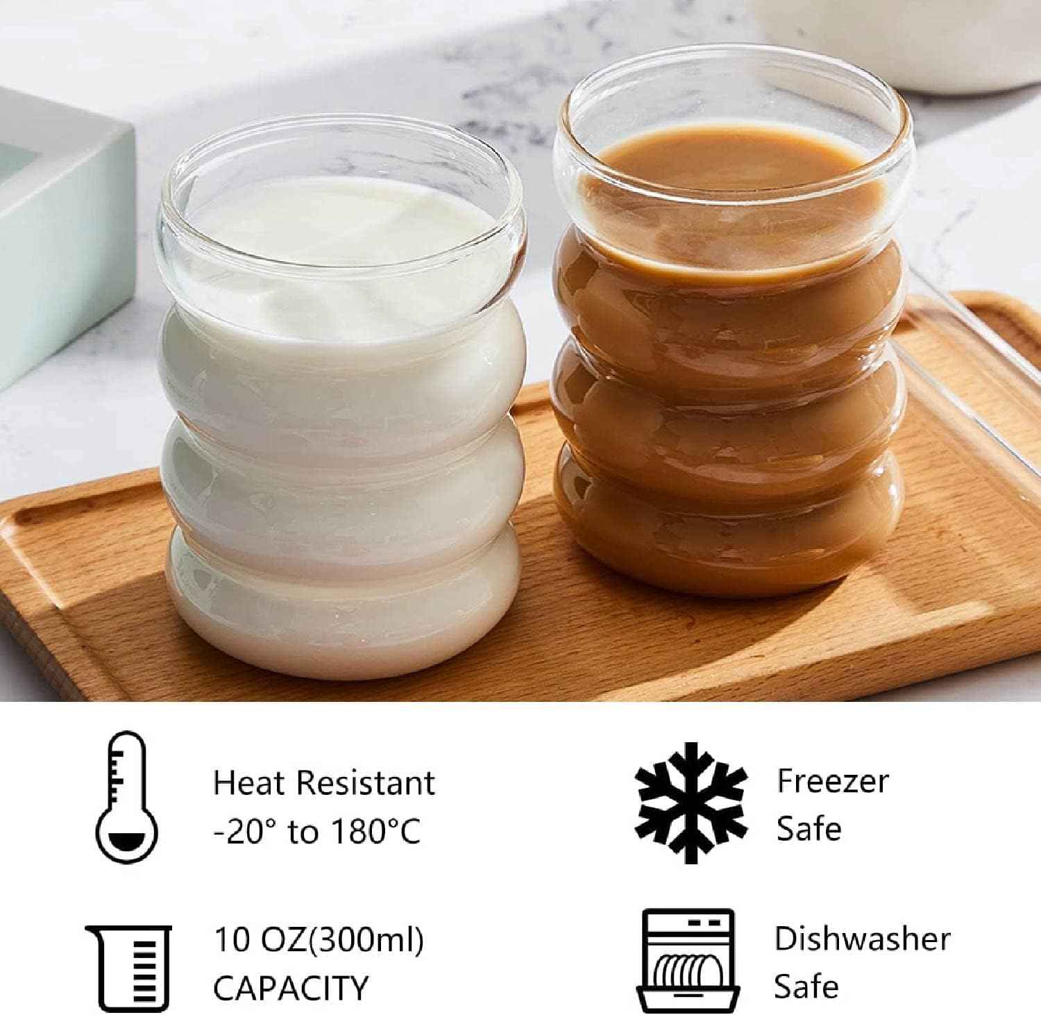 ALINK Ribbed Drinking Glasses with Glass Straws, Set of 4, 350 ml Iced Coffee Glasses, Wave Tumbler Beer Glasses for Cocktail, Milk, Water, Soft Drink, Gift with Brush