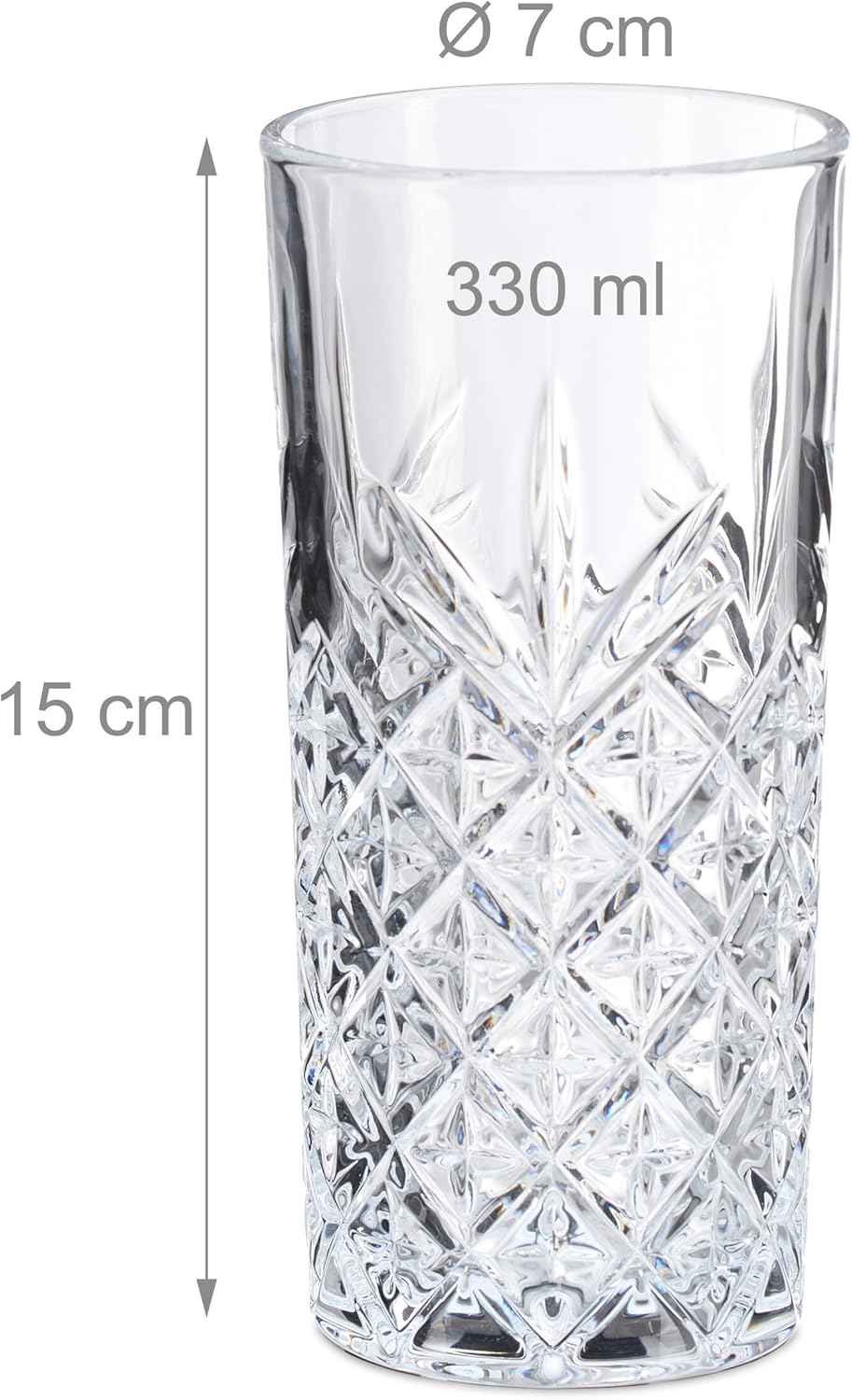 Relaxdays Long Drink Glasses Set of 6, 300 ml, Embossed Drinking Glasses, Dishwasher Safe, Thick Water Glasses, Transparent