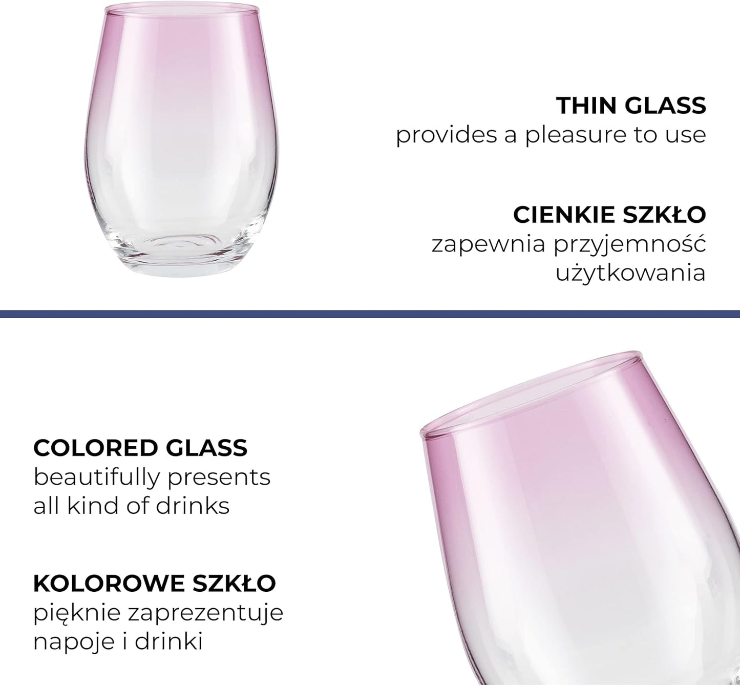 TREND FOR HOME Coloured Water Glasses, 580 ml, Set of 6 Coloured Glasses, Drinking Glasses, Highball, Glass Set, Drinking Glasses, Large Glass Cup | Pink | Phoebe Secret Pastels