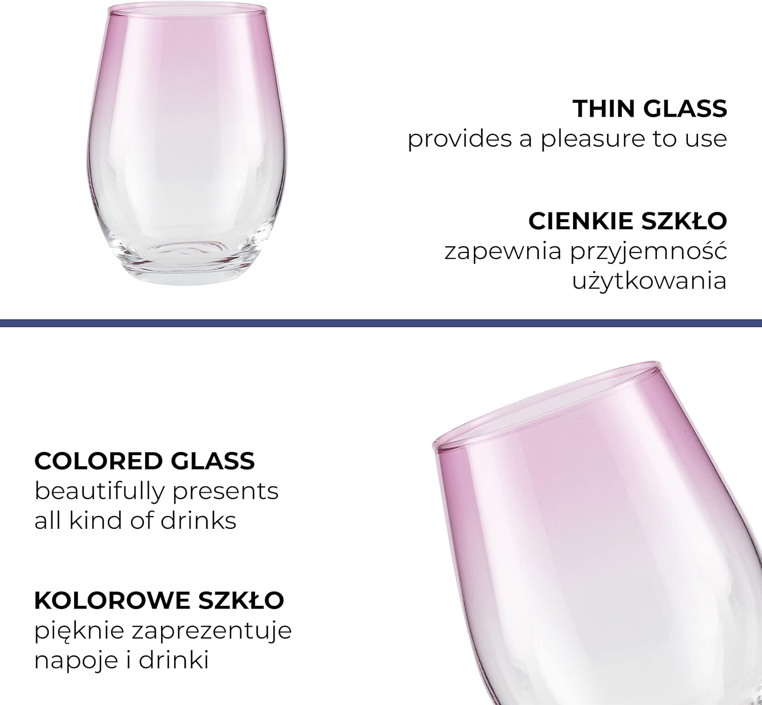 TREND FOR HOME Coloured Water Glasses, 580 ml, Set of 6 Coloured Glasses, Drinking Glasses, Highball, Glass Set, Drinking Glasses, Large Glass Cup | Pink | Phoebe Secret Pastels