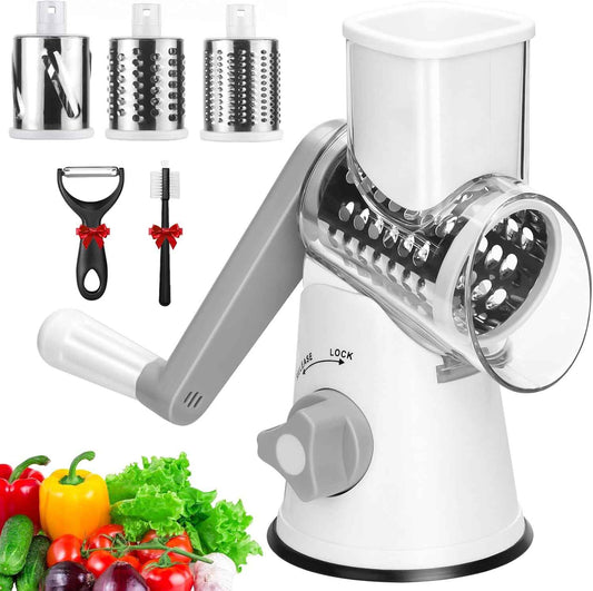 Rotary Cheese Grater and Manual Vegetable Cutter with 3 Drum Blades - The Silver Spoon