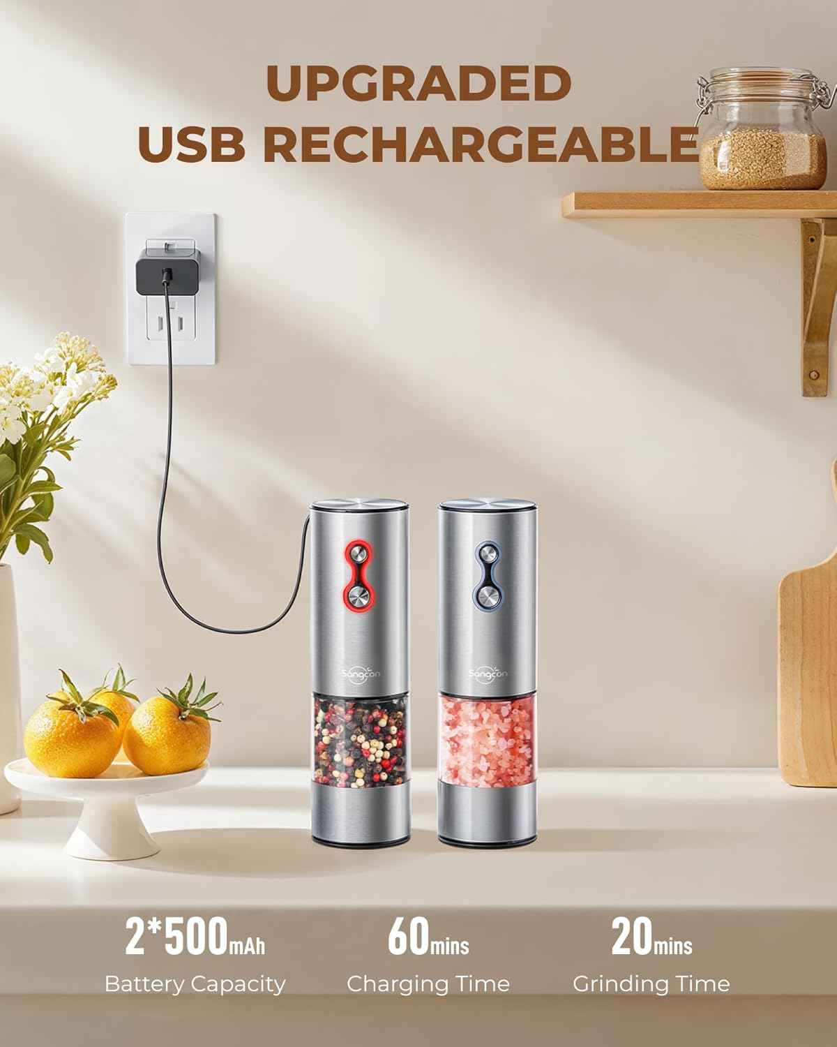 Electric Salt and Pepper Mill Set - Rechargeable Stainless Steel Automatic Grinder - The Silver Spoon