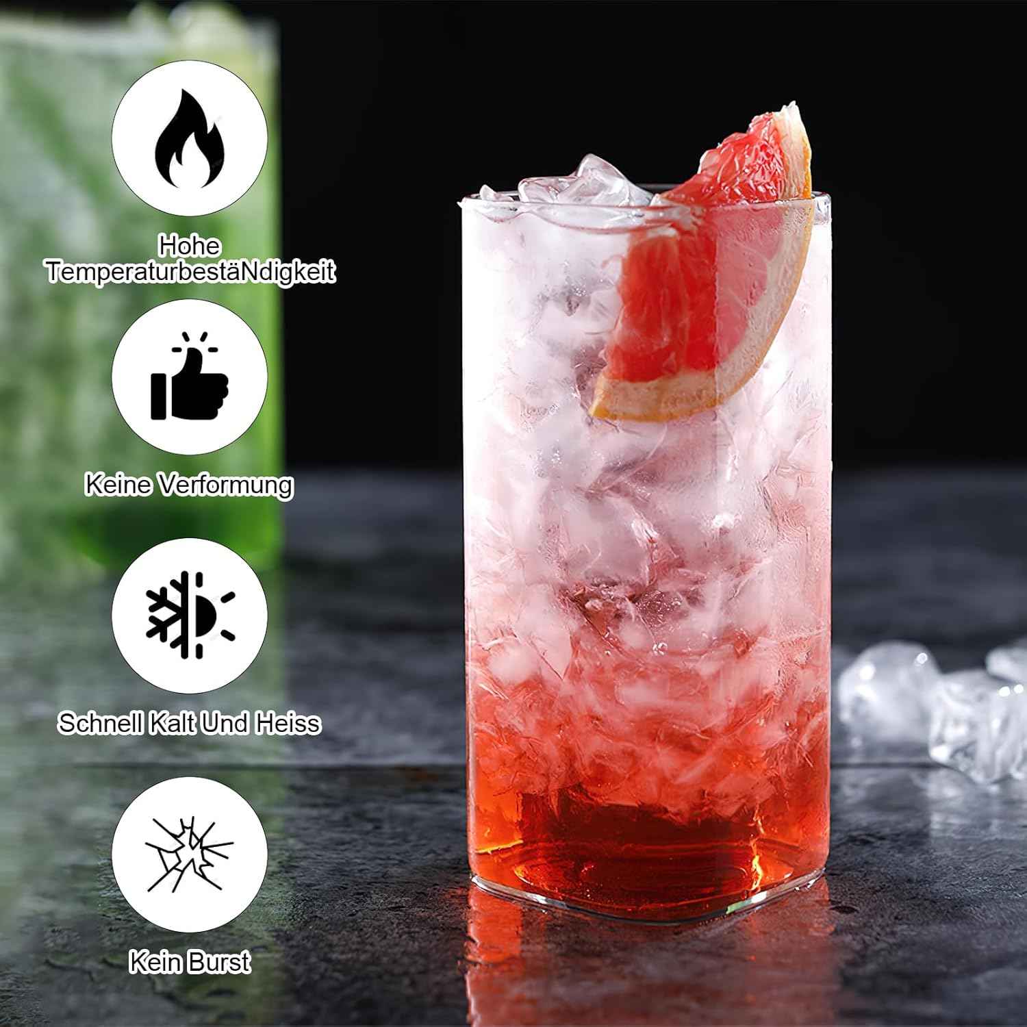 HENGBIRD Clear Drinking Glasses, 4 Pieces, 400 ml, Water Glasses, Long Drink Glasses, Thin Square, Elegant Bar Glasses for Water, Juice, Beer, Drinks, Cocktails, Mojito and Mixed Drinks