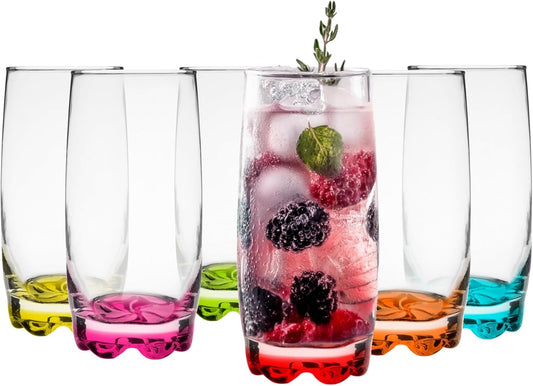 Glasmark KROSNO, 350 ml, Set of 6, Drinking Glasses with Coloured Bottom, Long Drink Glasses, Water Glasses, Juice Glasses, Ideal for Home, Restaurant, High Gloss Glass