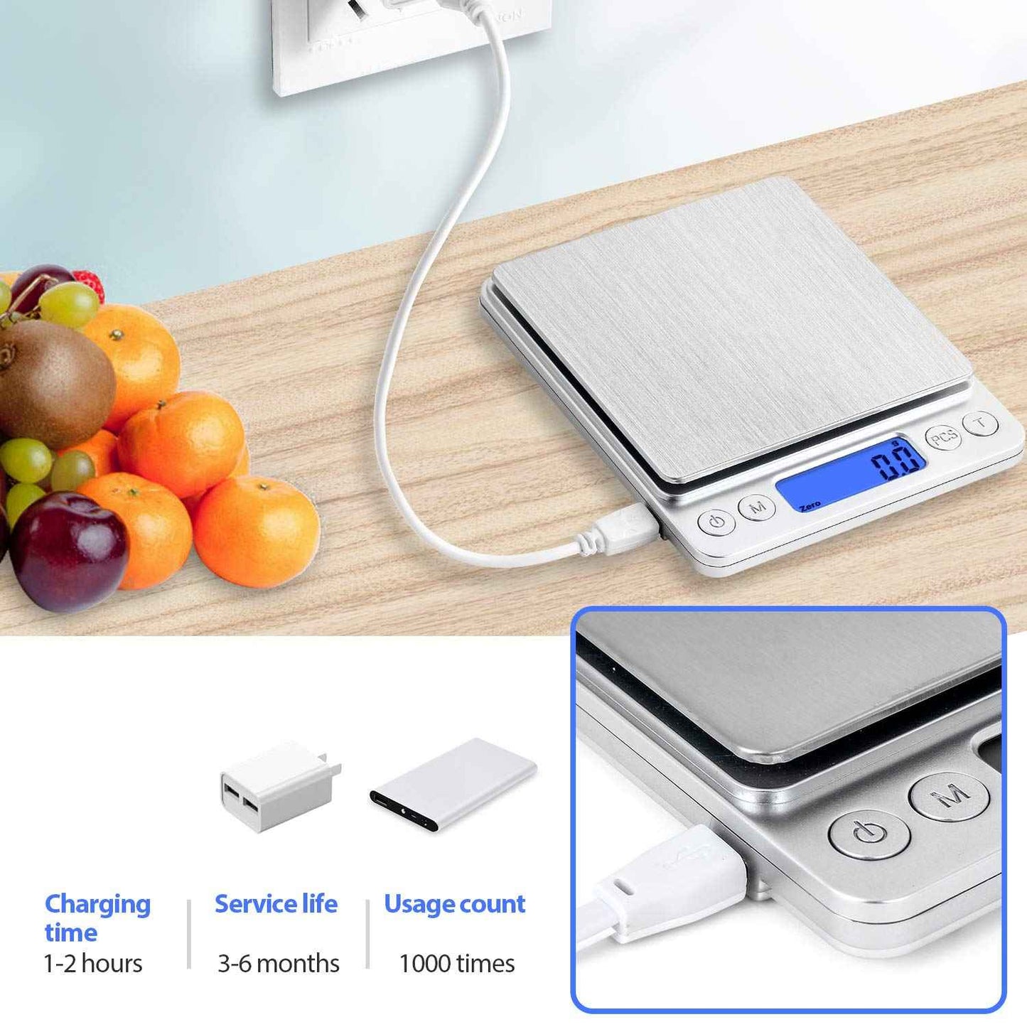 Digital Kitchen Scale, USB Rechargeable 3kg/0.1g - The Silver Spoon