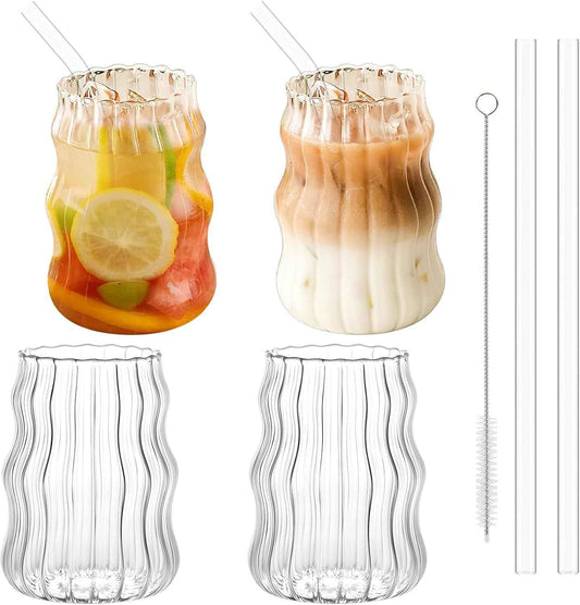 Pgtc 530ml Bubble Glasses with Straw,4 Pcs Ribbed Drinking Glasses,Wavy Glasses,Tumbler Glass Cups,Water Glasses for Latte Macchiato,Iced Coffee,Whisky,Cocktails, Yogurt, Soda, Coffee