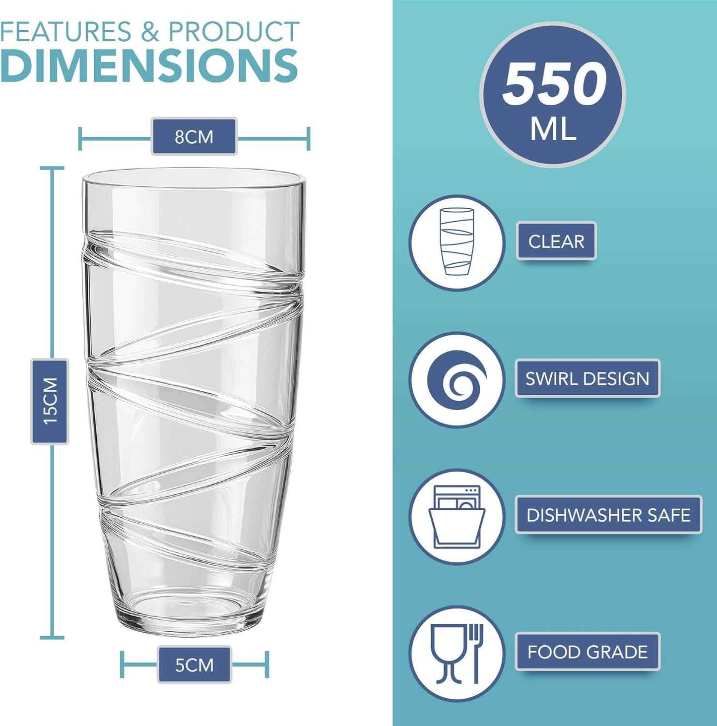 HEFTMAN Acrylic Plastic Drinking Glasses, 10-550 ml with Swirl Design, Stackable Reusable Plastic Glasses for Garden, Picnic, Camping, Barbecue, Parties or Daily Use (Transparent)