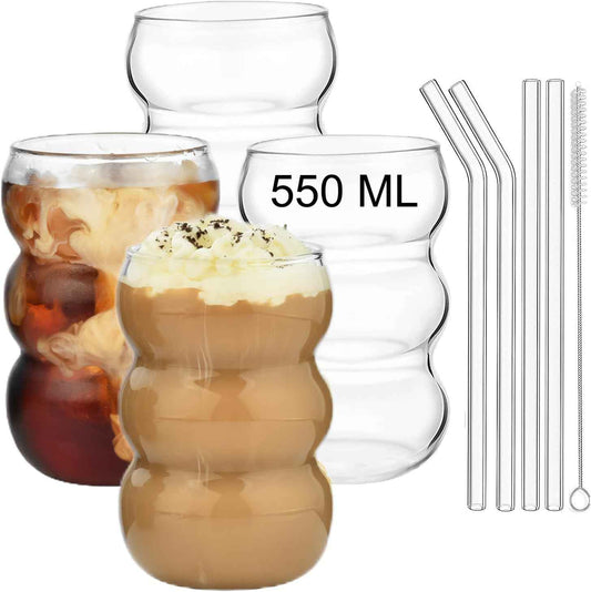 ALINK Bubble Glasses, Set of 4 Drinking Glasses, 550 ml, Wavy Drinking Glasses, Latte Macchiato Glasses, Iced Coffee Glasses, Long Drink Glasses, Cocktail Glasses