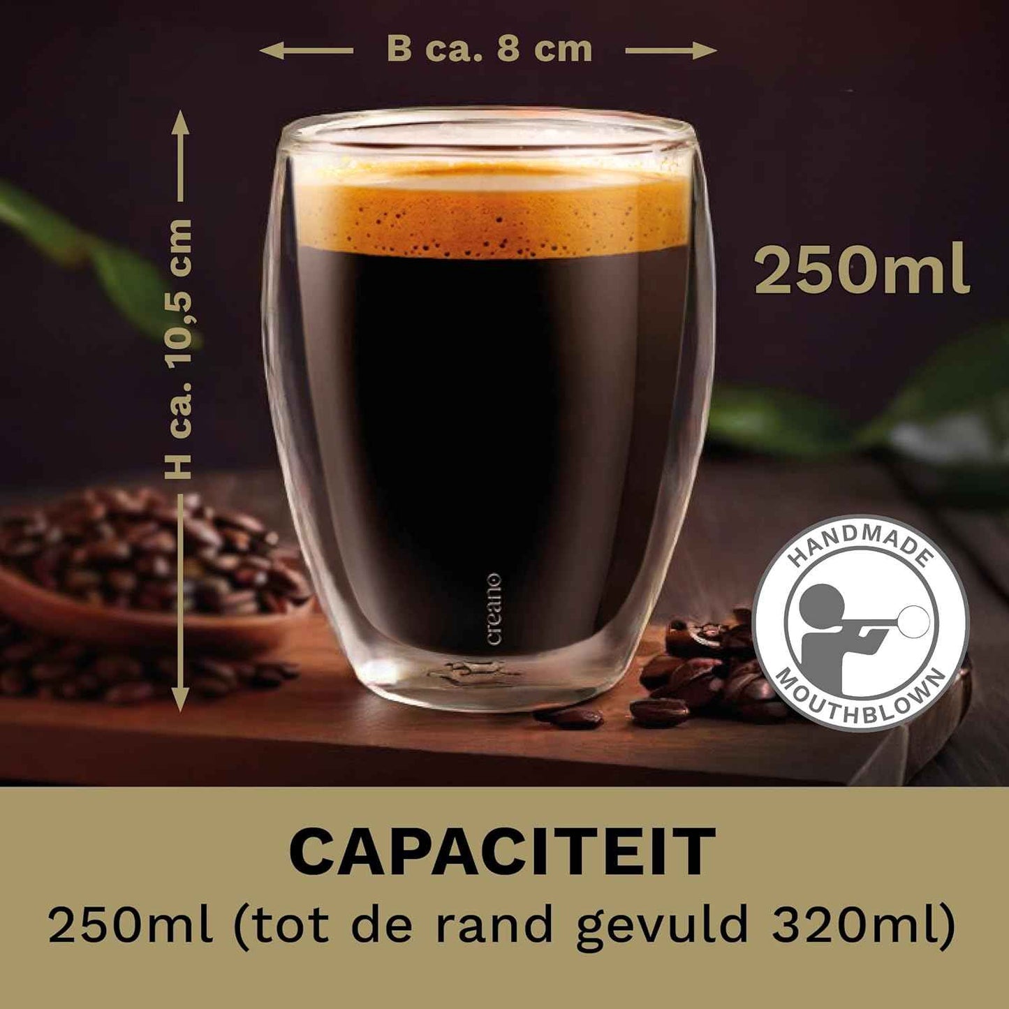 Creano Premium Double-Walled Drinking Glasses, 250 ml, Set of 6, Without Poem Hole, Therefore Gourmet Quality, 100% Dishwasher Safe, World First