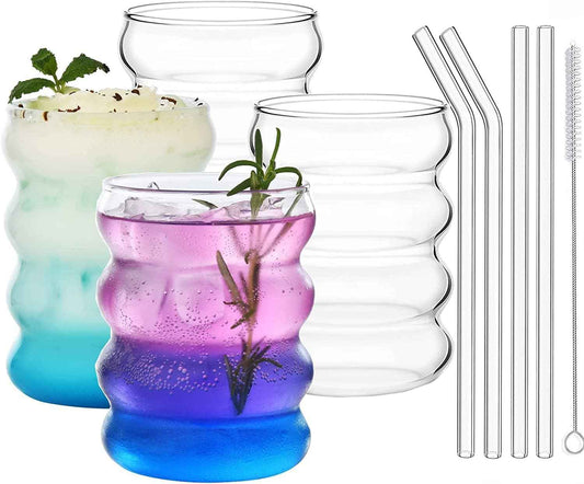 ALINK Ribbed Drinking Glasses with Glass Straws, Set of 4, 350 ml Iced Coffee Glasses, Wave Tumbler Beer Glasses for Cocktail, Milk, Water, Soft Drink, Gift with Brush