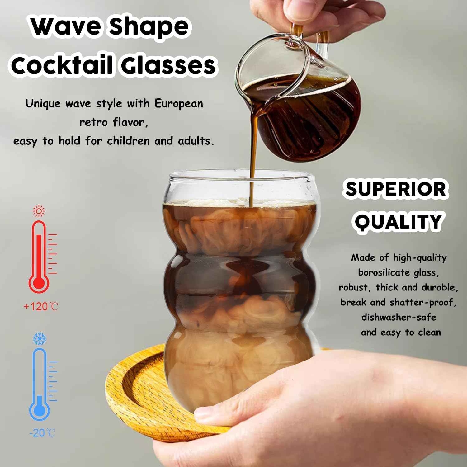 ALINK Bubble Glasses, Set of 4 Drinking Glasses, 550 ml, Wavy Drinking Glasses, Latte Macchiato Glasses, Iced Coffee Glasses, Long Drink Glasses, Cocktail Glasses