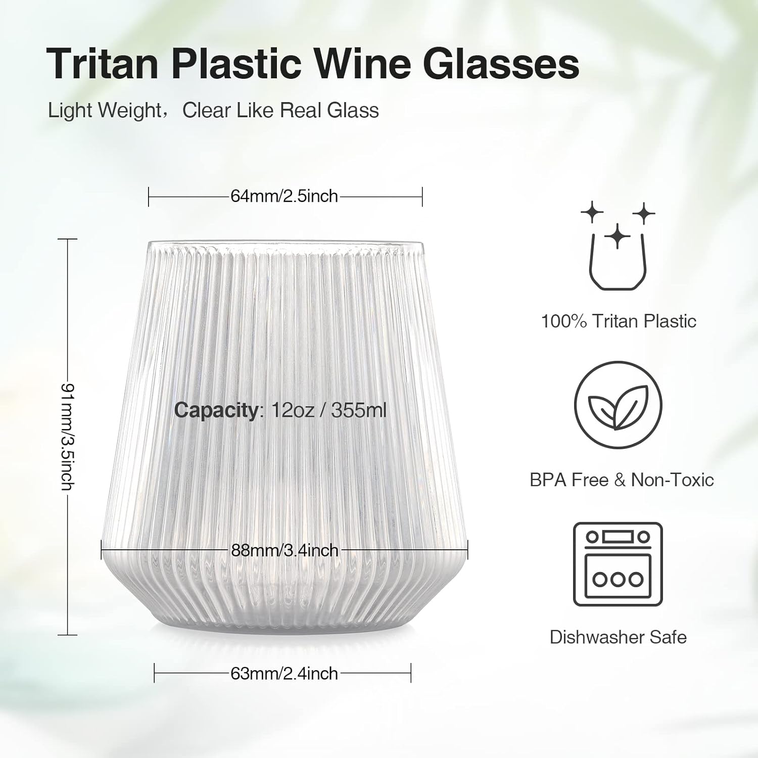 hotder Tritan Plastic Wine Glasses 340 ml Water Glasses Drinking Glasses Juice Glasses Set of 4 Plastic Wine Glasses Dishwasher Safe Perfect for Home, Camping, Party, BPA Free, Vertical