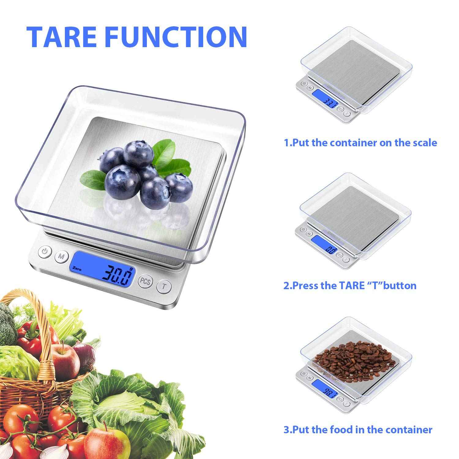 Digital Kitchen Scale, USB Rechargeable 3kg/0.1g - The Silver Spoon