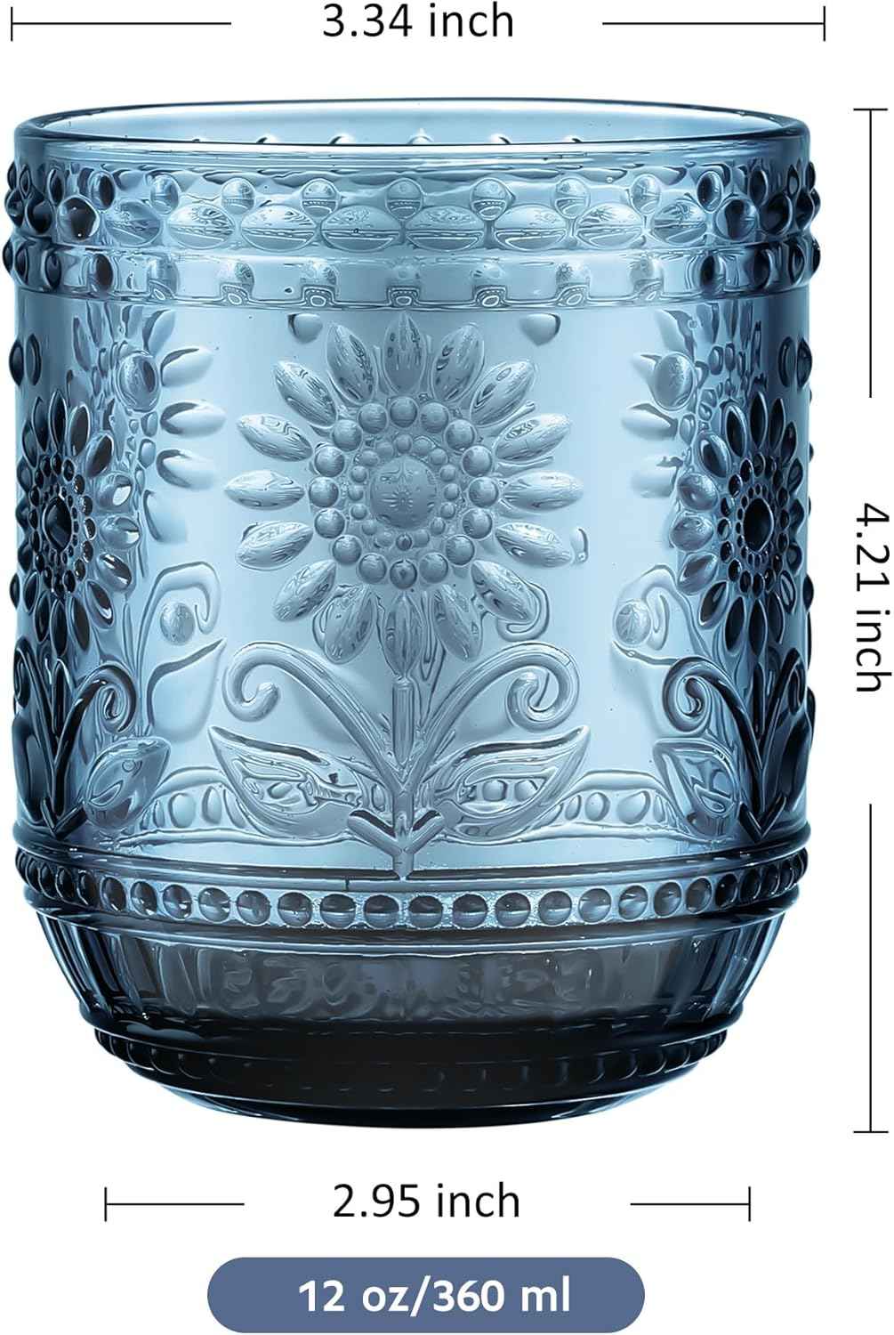 Joeyan Colourful Water Glass, Pack of 4, 360 ml, Stackable, Blue Drinking Glasses, Vintage Flower Embossed Tumblers, for Juice, Drinks, Beer, Cocktail, Lemonade, Juice, Dishwasher Safe