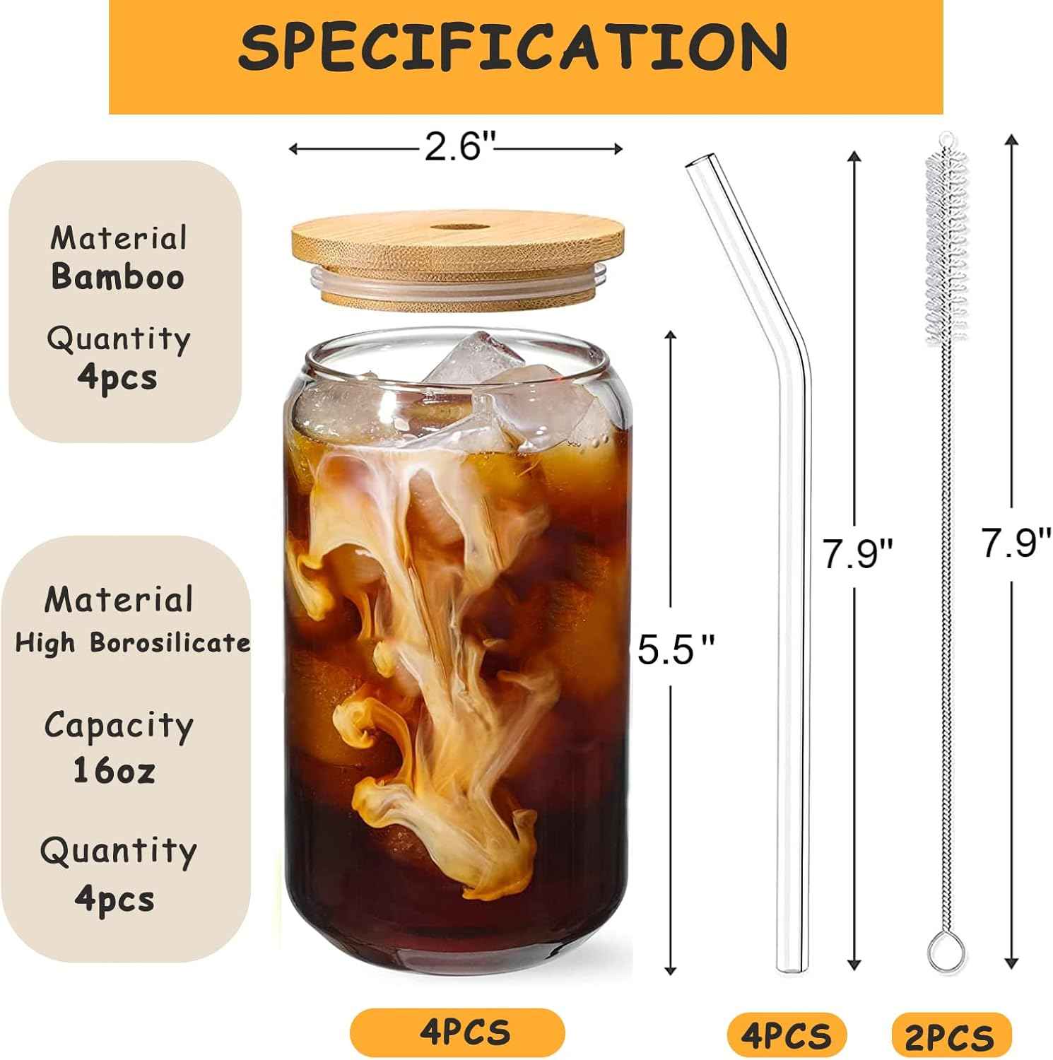 Drinking glass with straw and lid 4 pcs,glass cocktail glasses,iced coffee glasses,tin shape beer glasses,long drink glasses,cocktail glasses for gift,water,coffee,cocktail,soda,smoothie