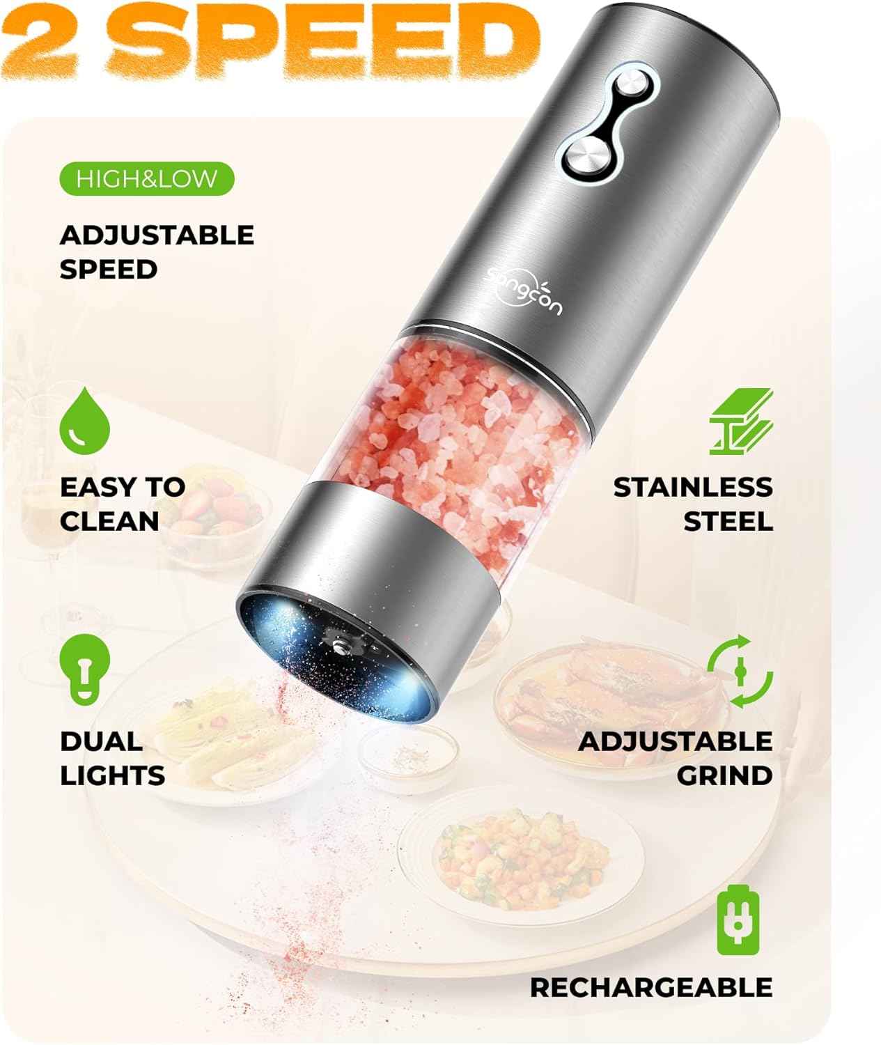 Electric Salt and Pepper Mill Set - Rechargeable Stainless Steel Automatic Grinder - The Silver Spoon