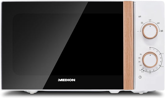 MEDION Microwave oven (wood look, 20 litres, 700 watts, mirror door, 5 power modes, defrost function, timer, MD10596) white