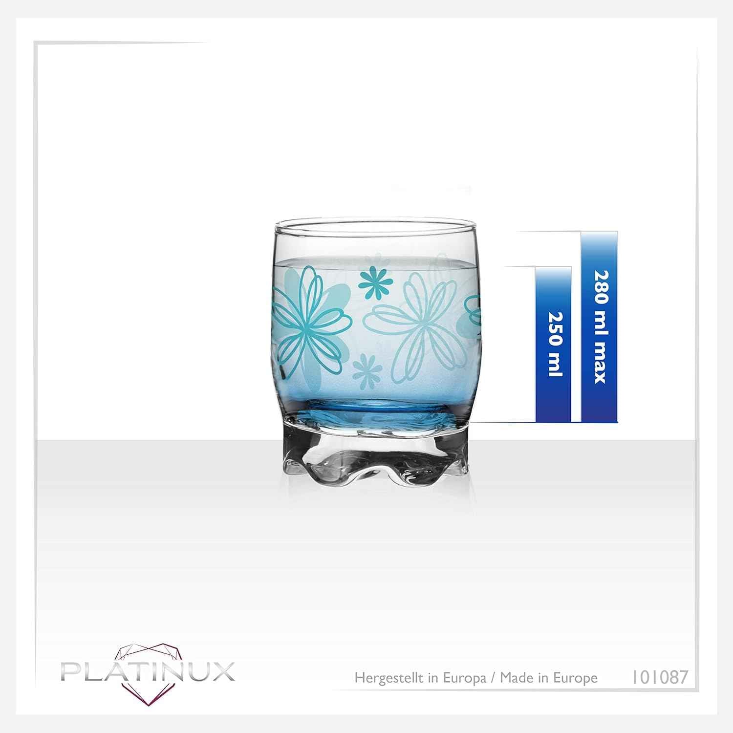 PLATINUX Flower Print Drinking Glasses Set of 6, 250 ml, Water Glasses, Juice Glasses with Beautiful Bottom, Small