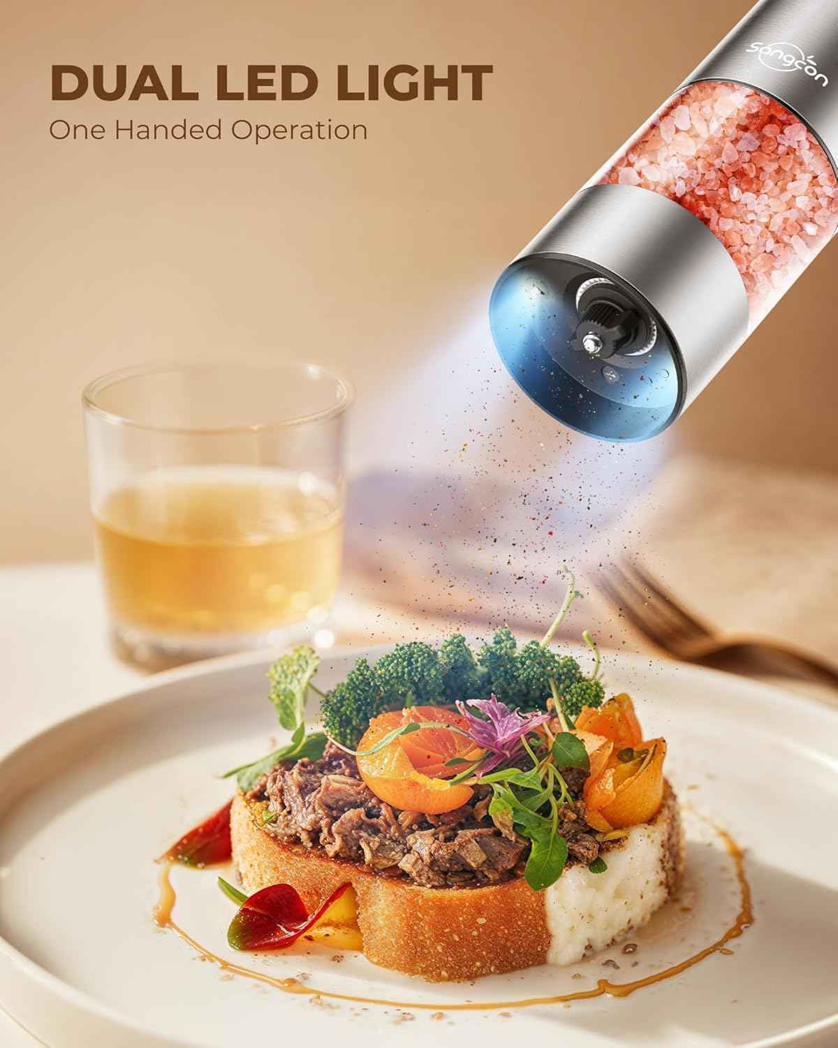 Electric Salt and Pepper Mill Set - Rechargeable Stainless Steel Automatic Grinder - The Silver Spoon