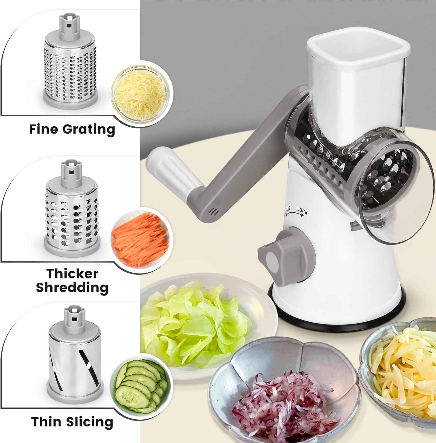 Rotary Cheese Grater and Manual Vegetable Cutter with 3 Drum Blades - The Silver Spoon