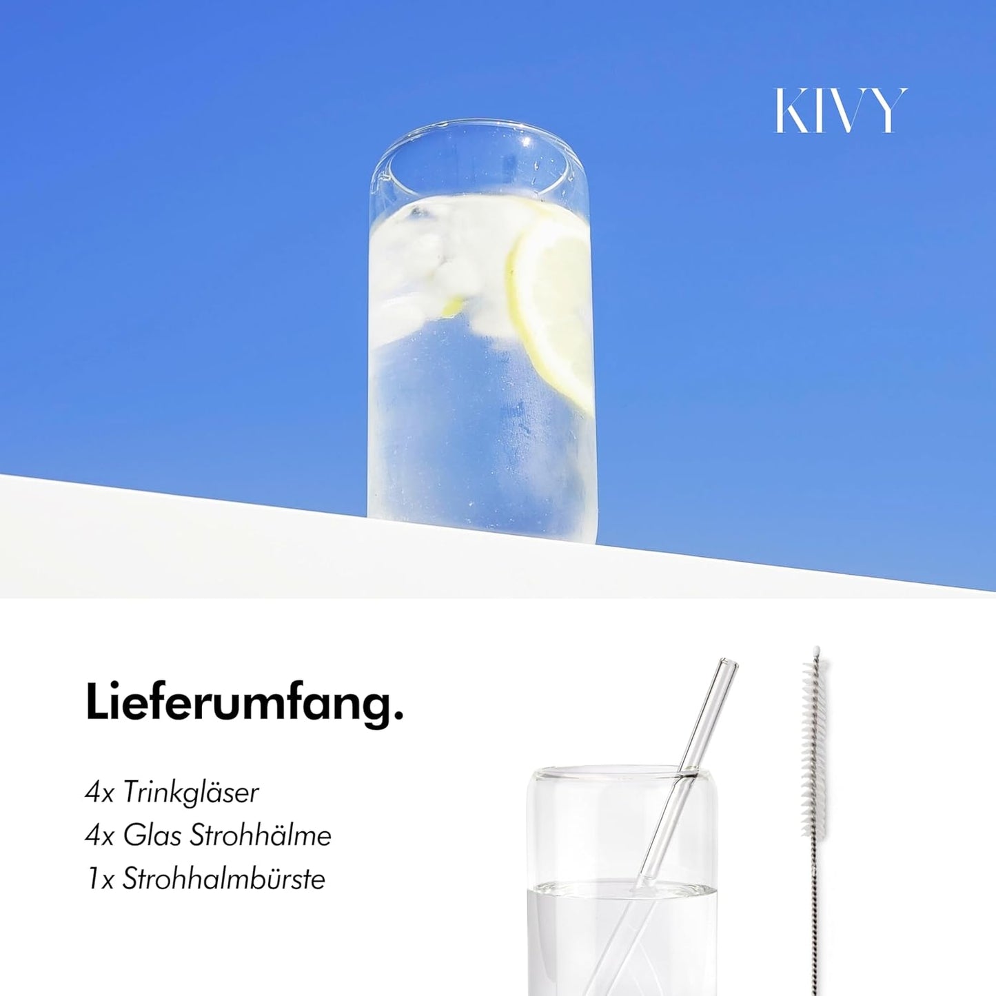 KIVY Drinking Glasses Set with Glass Straw, 4 x 450 ml, for Iced Coffee, Water and Cocktails, Long Drink Glasses, Iced Coffee Glasses, Coffee Glasses, Matcha and Coffee Glasses
