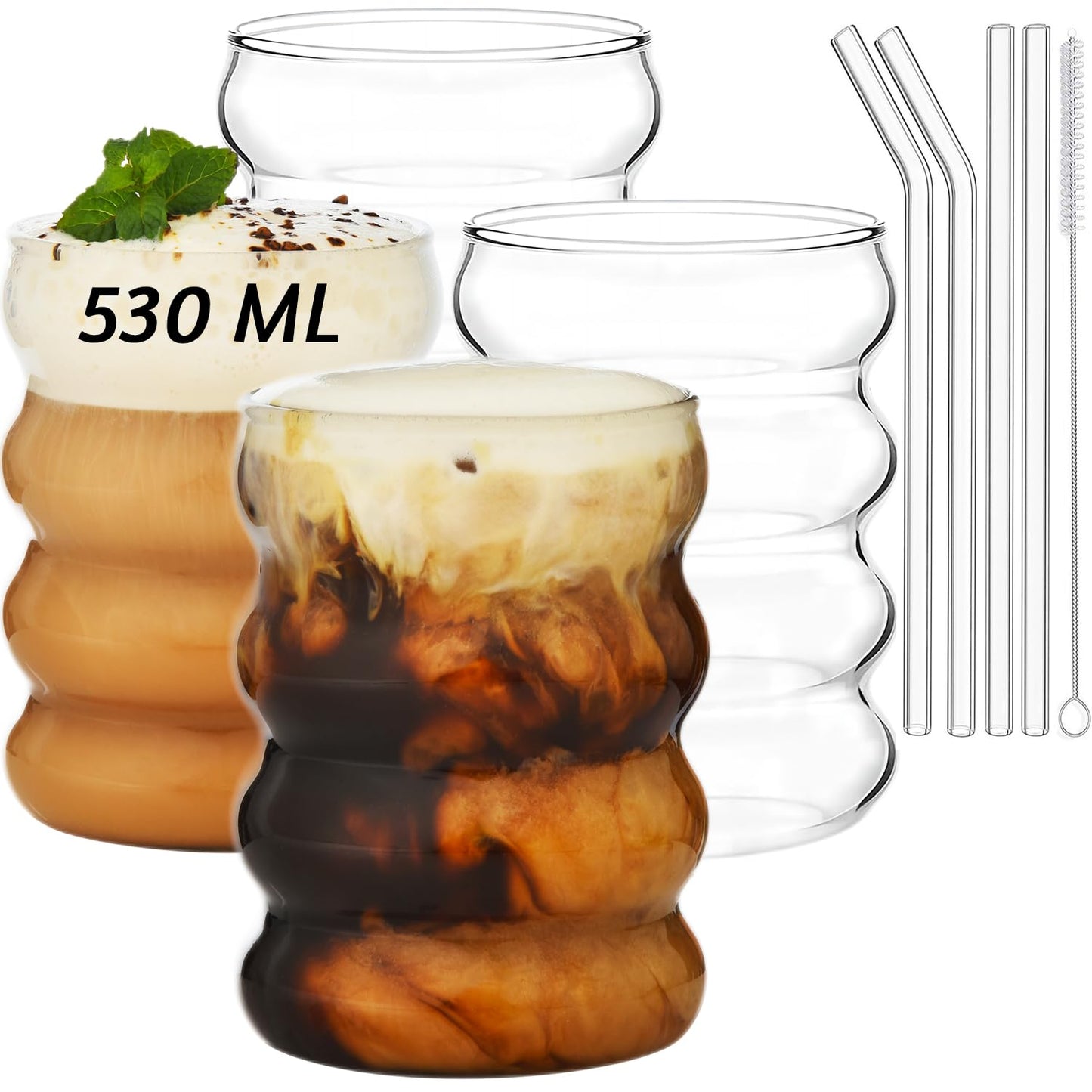 ALINK Bubble Glasses, Set of 4 Drinking Glasses, 550 ml, Wavy Drinking Glasses, Latte Macchiato Glasses, Iced Coffee Glasses, Long Drink Glasses, Cocktail Glasses