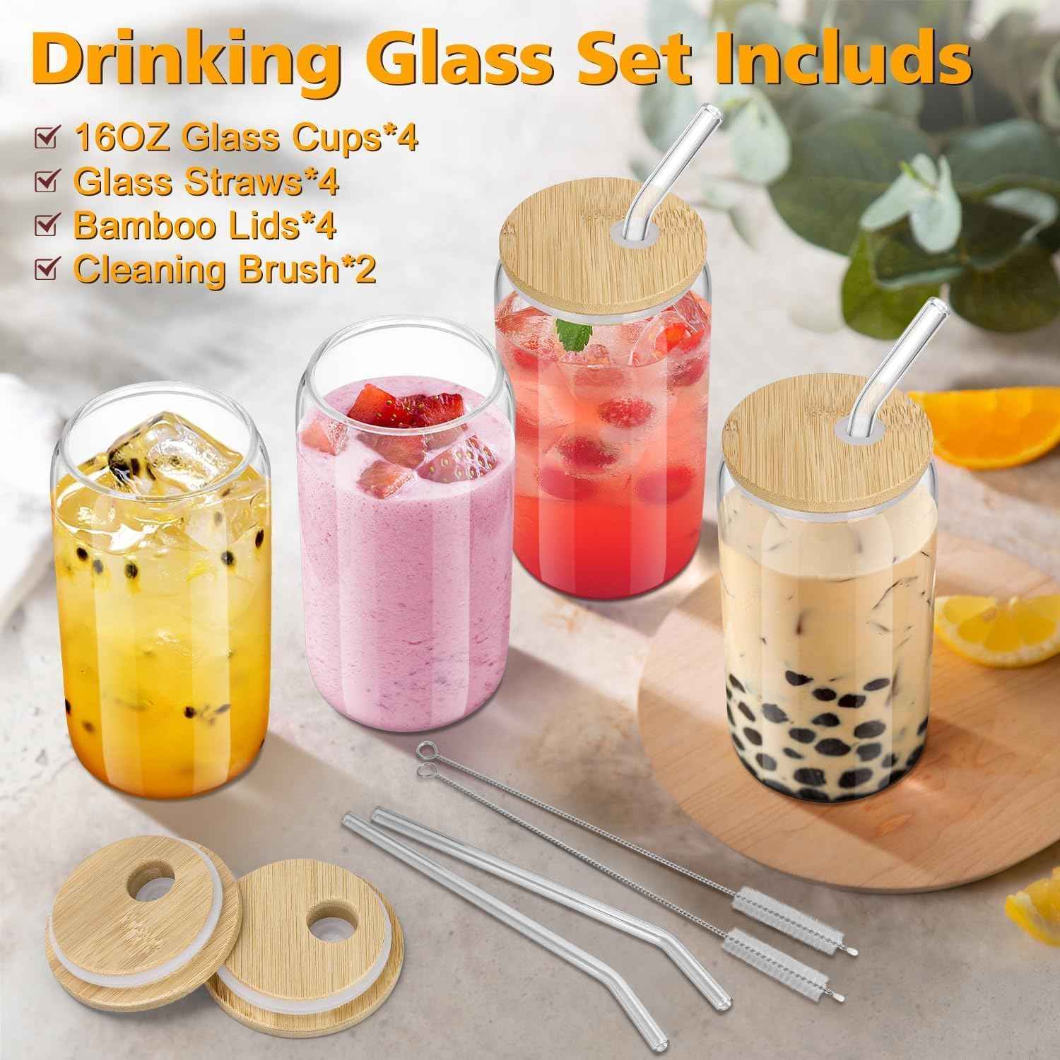 Drinking glass with straw and lid 4 pcs,glass cocktail glasses,iced coffee glasses,tin shape beer glasses,long drink glasses,cocktail glasses for gift,water,coffee,cocktail,soda,smoothie