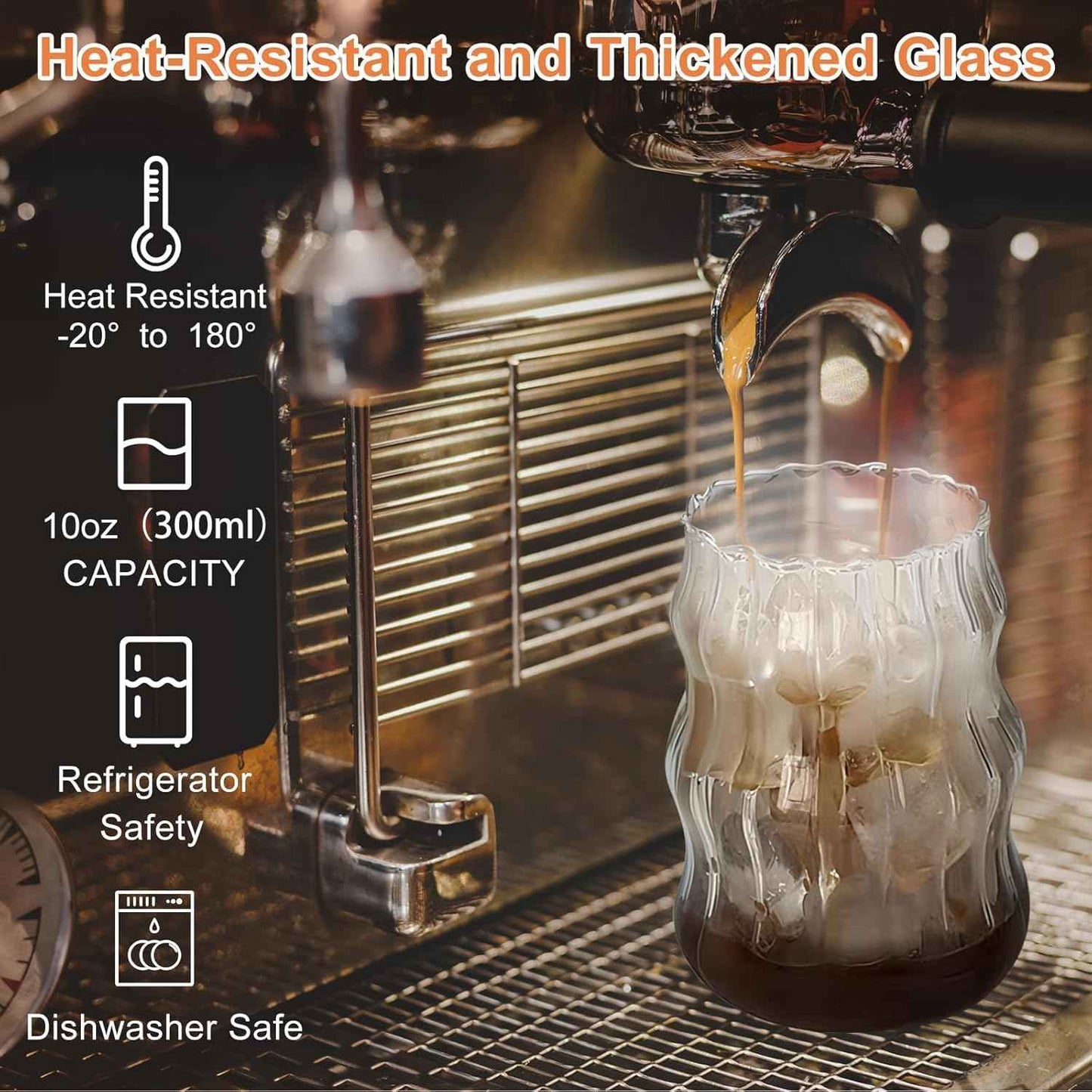 Pgtc 530ml Bubble Glasses with Straw,4 Pcs Ribbed Drinking Glasses,Wavy Glasses,Tumbler Glass Cups,Water Glasses for Latte Macchiato,Iced Coffee,Whisky,Cocktails, Yogurt, Soda, Coffee