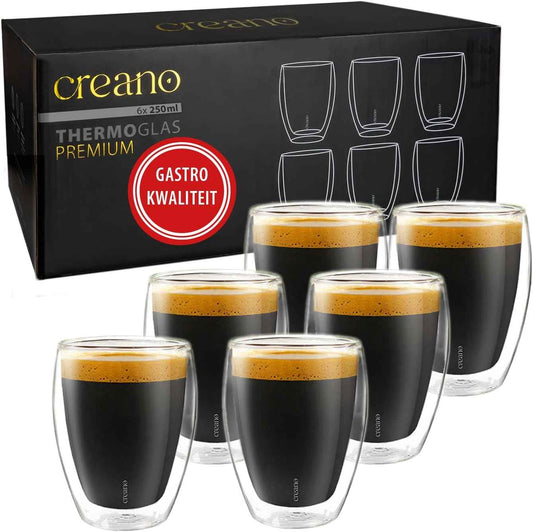 Creano Premium Double-Walled Drinking Glasses, 250 ml, Set of 6, Without Poem Hole, Therefore Gourmet Quality, 100% Dishwasher Safe, World First