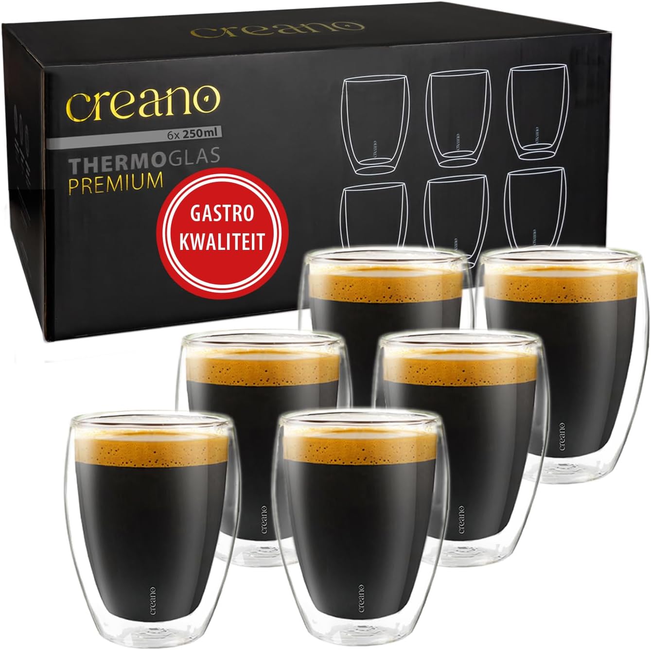 Creano Premium Double-Walled Drinking Glasses, 250 ml, Set of 6, Without Poem Hole, Therefore Gourmet Quality, 100% Dishwasher Safe, World First