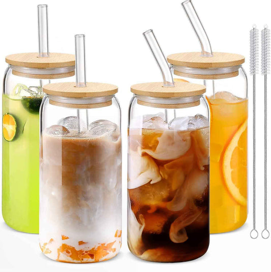 Drinking glass with straw and lid 4 pcs,glass cocktail glasses,iced coffee glasses,tin shape beer glasses,long drink glasses,cocktail glasses for gift,water,coffee,cocktail,soda,smoothie