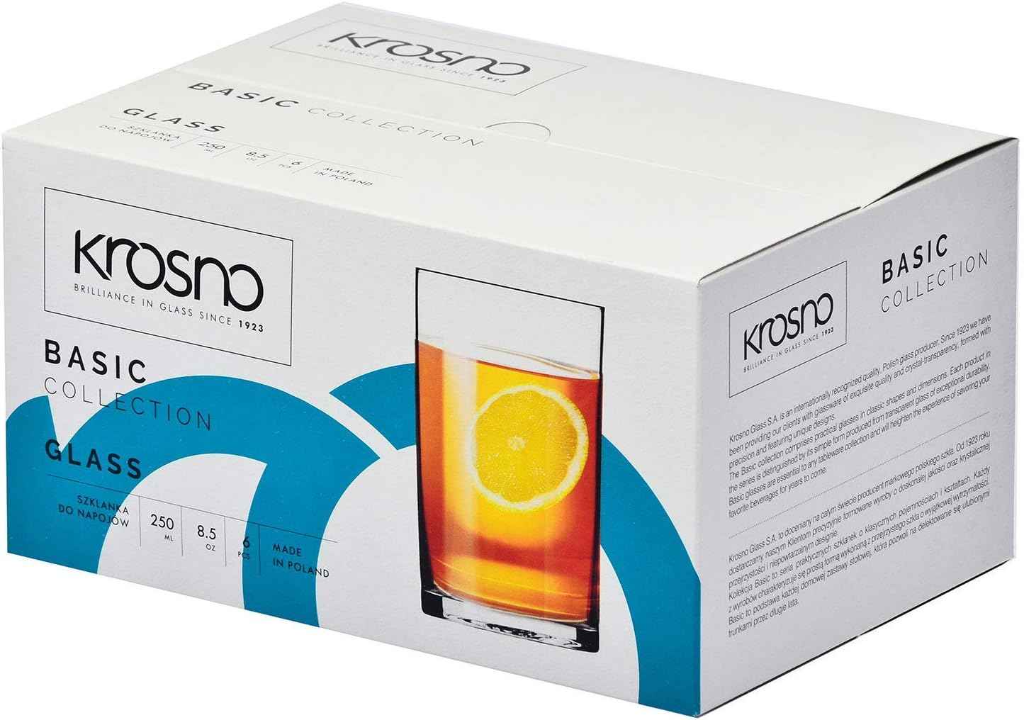 KROSNO Water Juice Tea Drinking Glasses | Set of 6 | 250 ML | Basic Collection | Perfect for Home, Restaurants and Parties | Dishwasher Safe