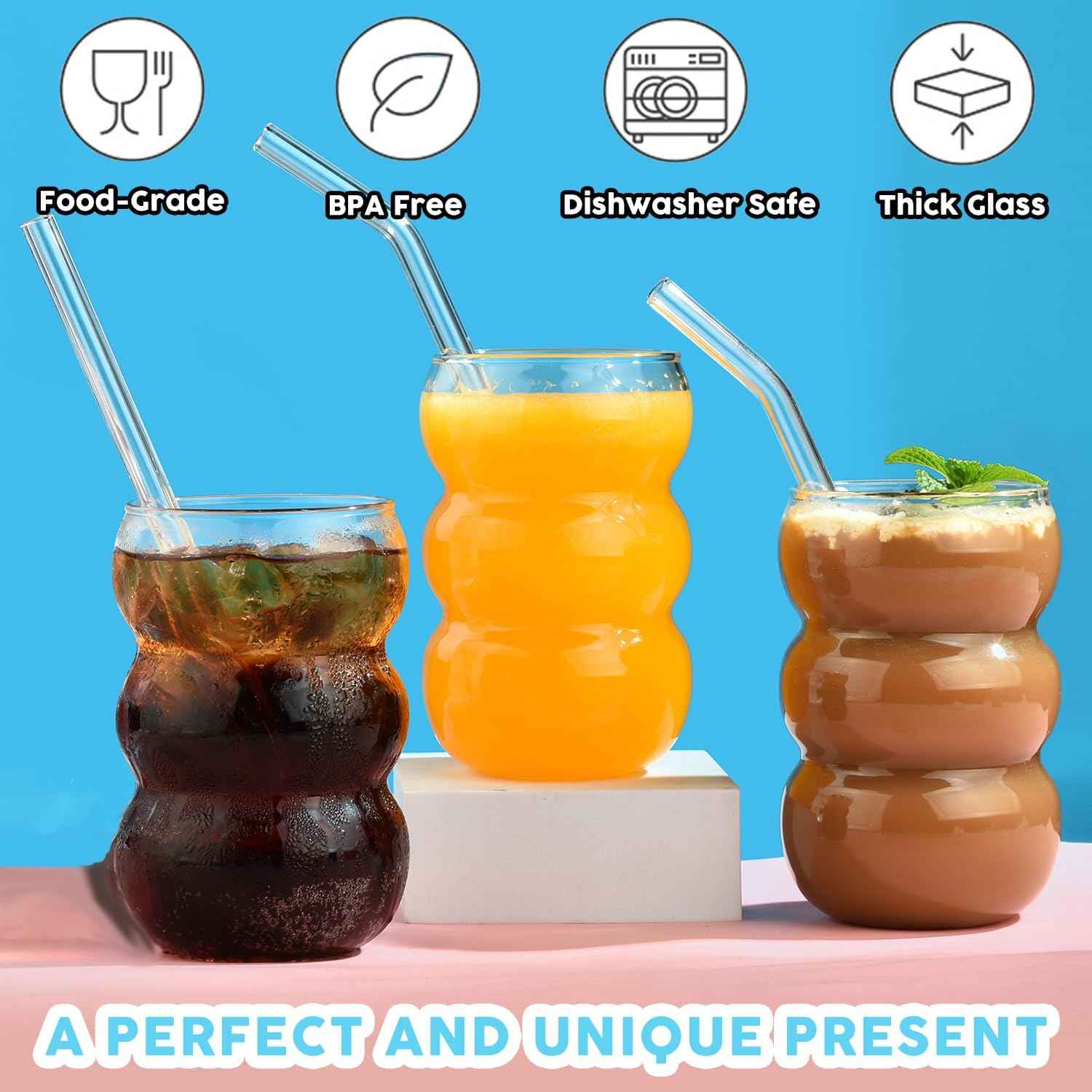 ALINK Bubble Glasses, Set of 4 Drinking Glasses, 550 ml, Wavy Drinking Glasses, Latte Macchiato Glasses, Iced Coffee Glasses, Long Drink Glasses, Cocktail Glasses