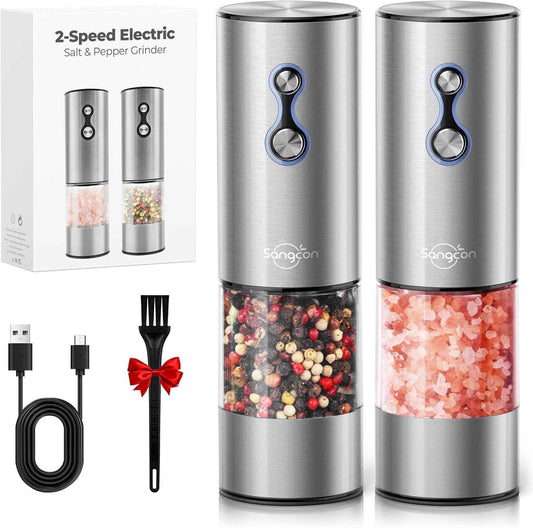 Electric Salt and Pepper Mill Set - Rechargeable Stainless Steel Automatic Grinder - The Silver Spoon