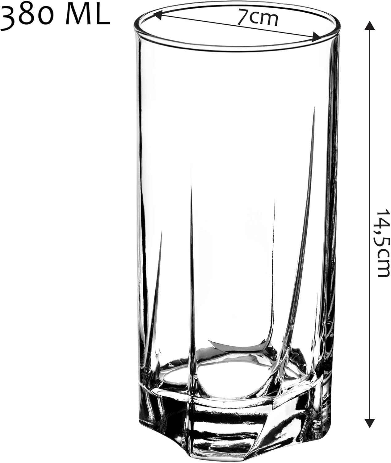 KADAX Premium Glass Drinking Glasses, Set of 6 Water Glasses, Thick-walled Juice Glasses, Ribbed Glasses for Water, Drinks, Juice, Party, Cocktail Glasses, Drink Glasses (High, 380 ml)