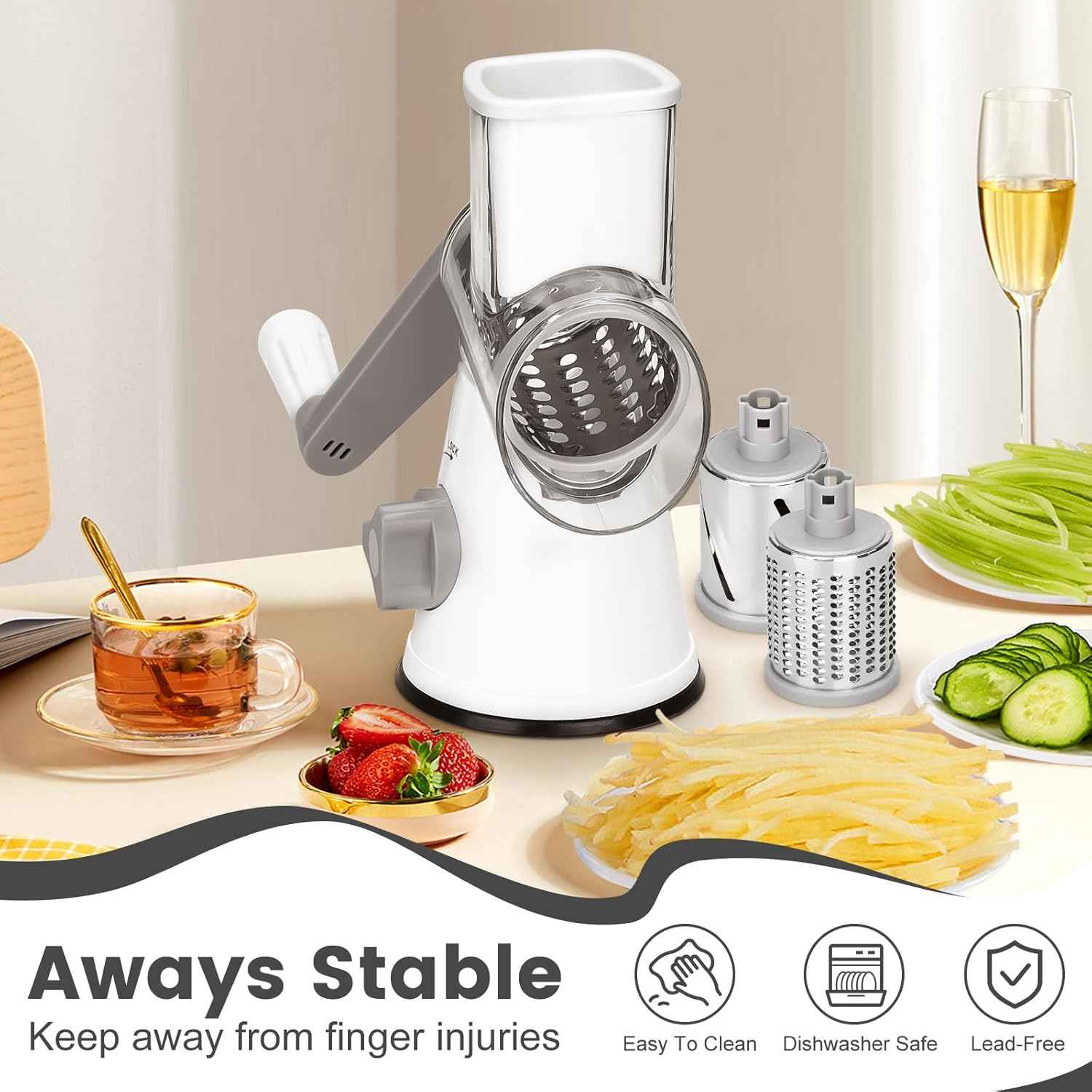 Rotary Cheese Grater and Manual Vegetable Cutter with 3 Drum Blades - The Silver Spoon