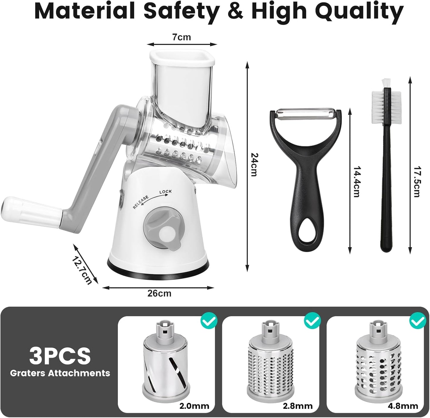 Rotary Cheese Grater and Manual Vegetable Cutter with 3 Drum Blades - The Silver Spoon