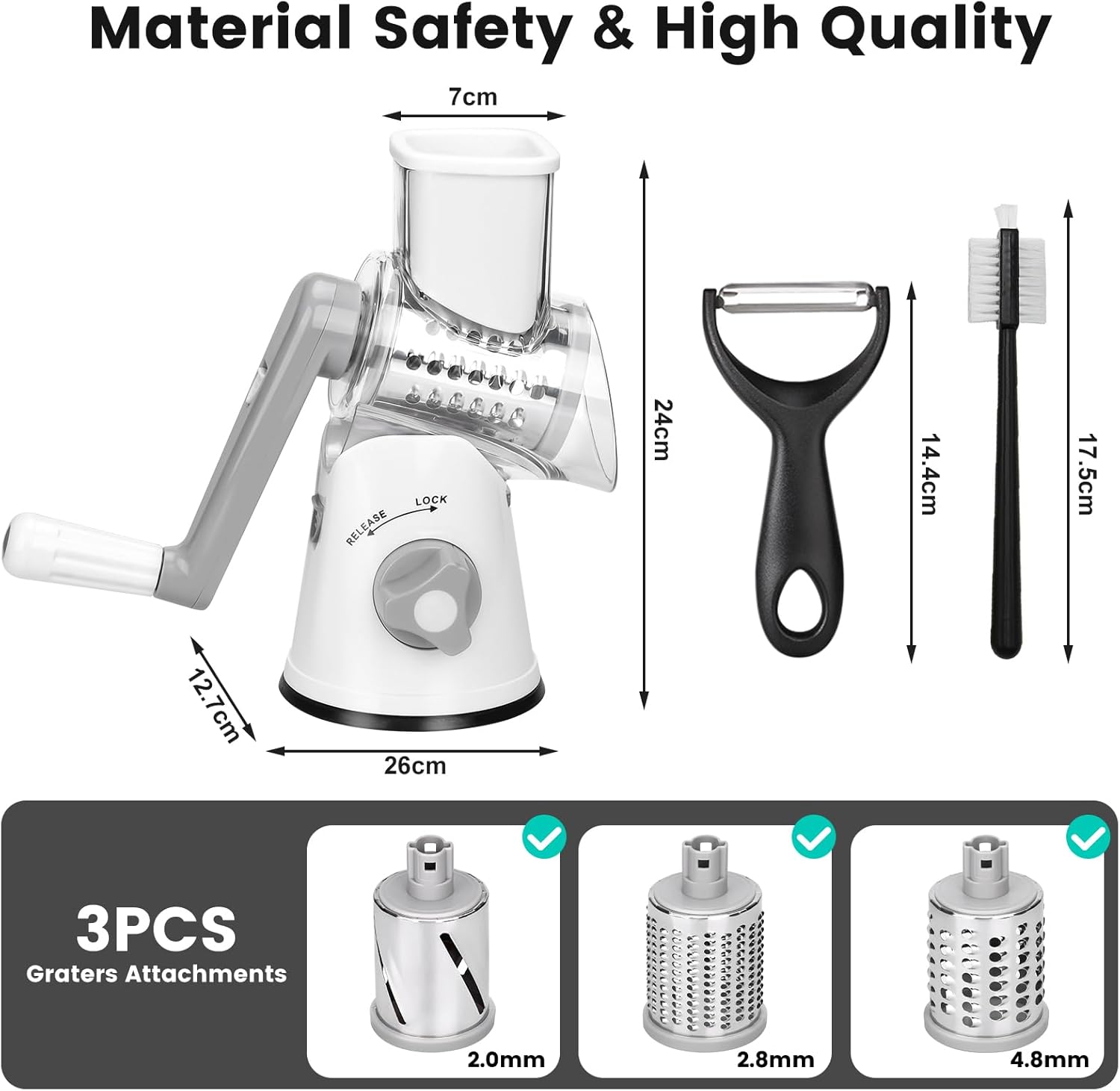 Rotary Cheese Grater and Manual Vegetable Cutter with 3 Drum Blades - The Silver Spoon