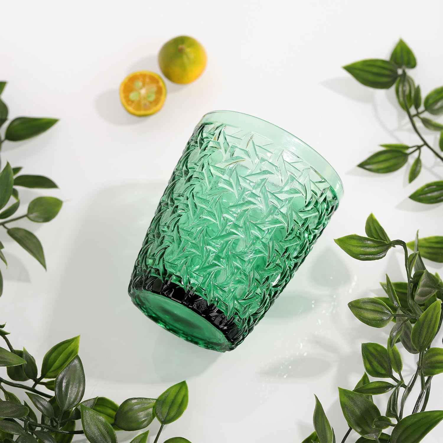 Joeyan 300 ml green glasses, set of 6, vintage drinking glasses, colourful with embossed design, coloured water glasses, dishwasher safe